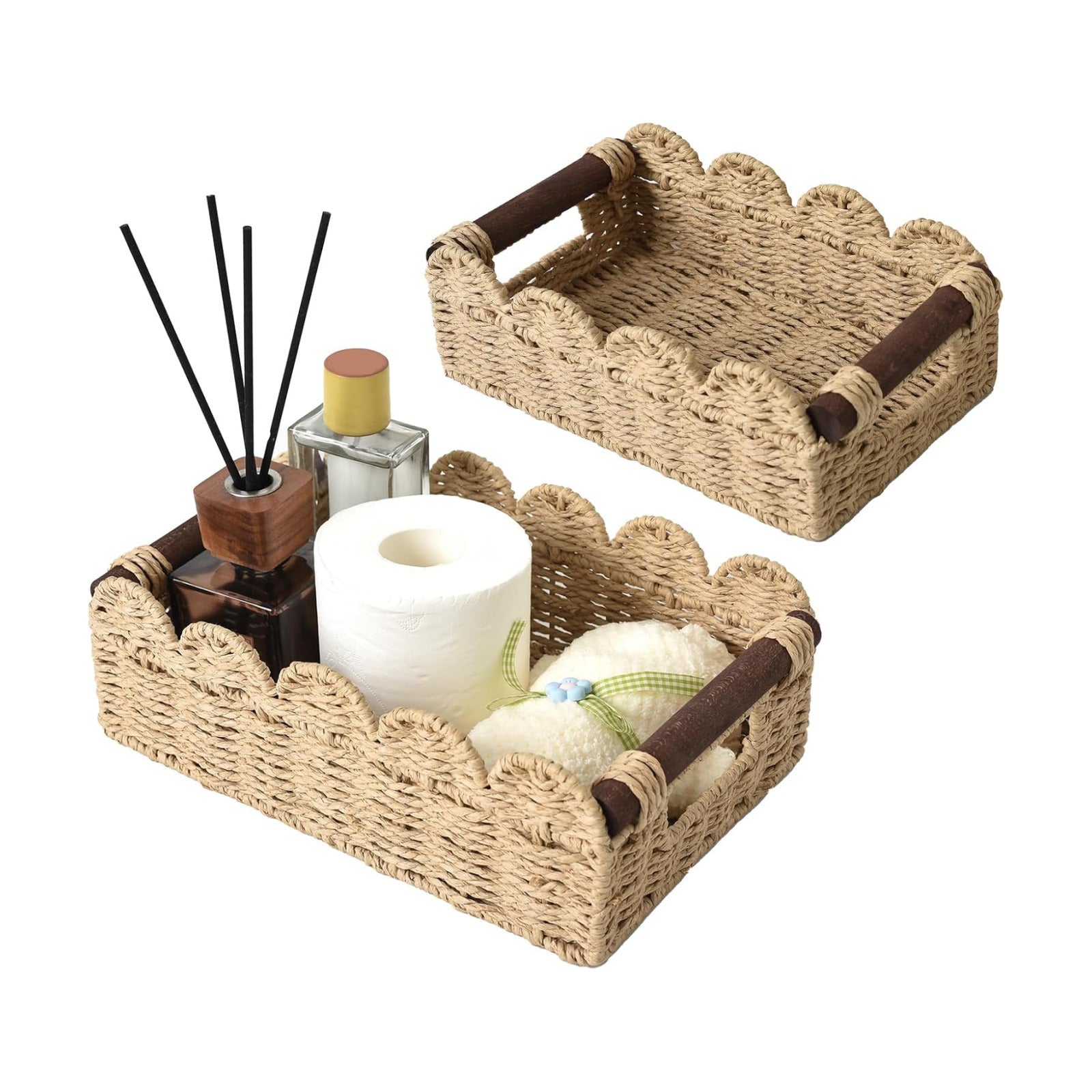 Scalloped Basket / Wicker Basket for Organizing / Beige