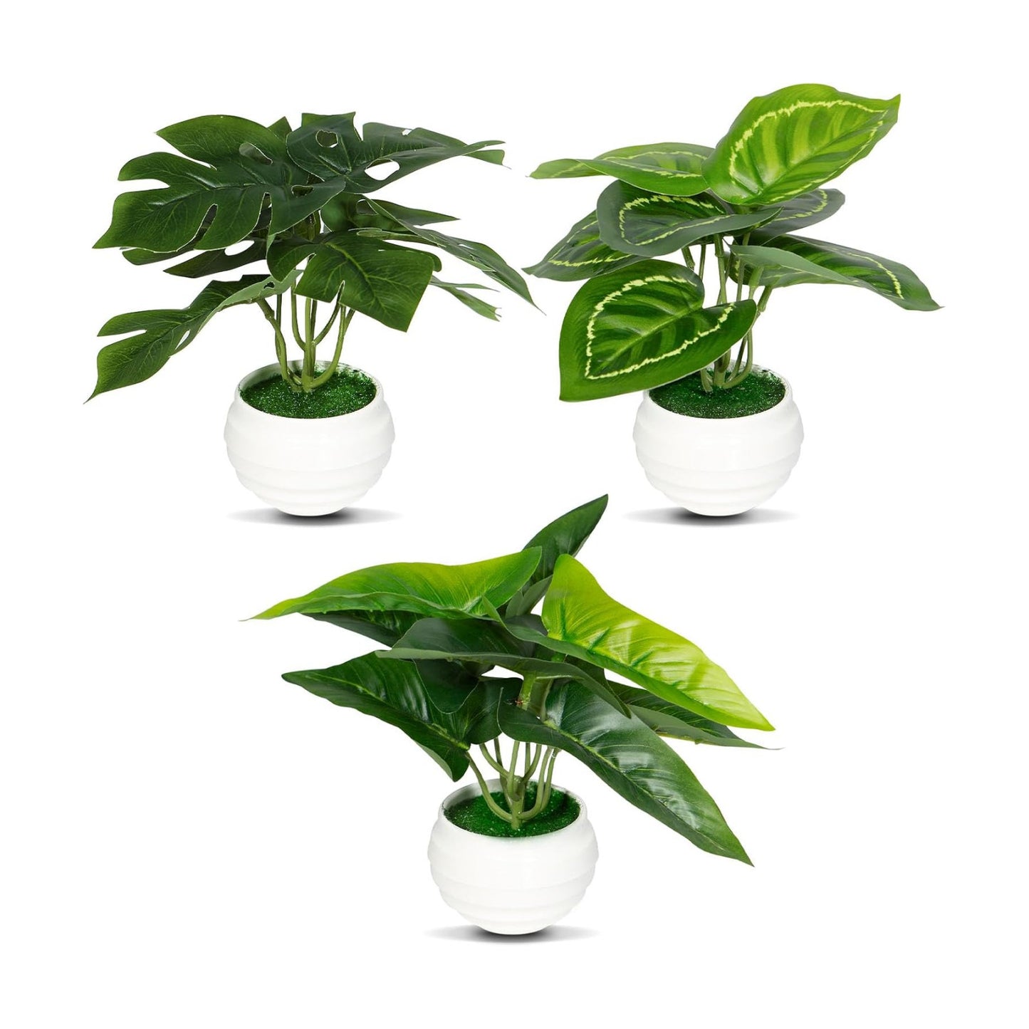 7" Small Artificial Plants in Ceramic Pots / Style 2 / Green / Set of 3