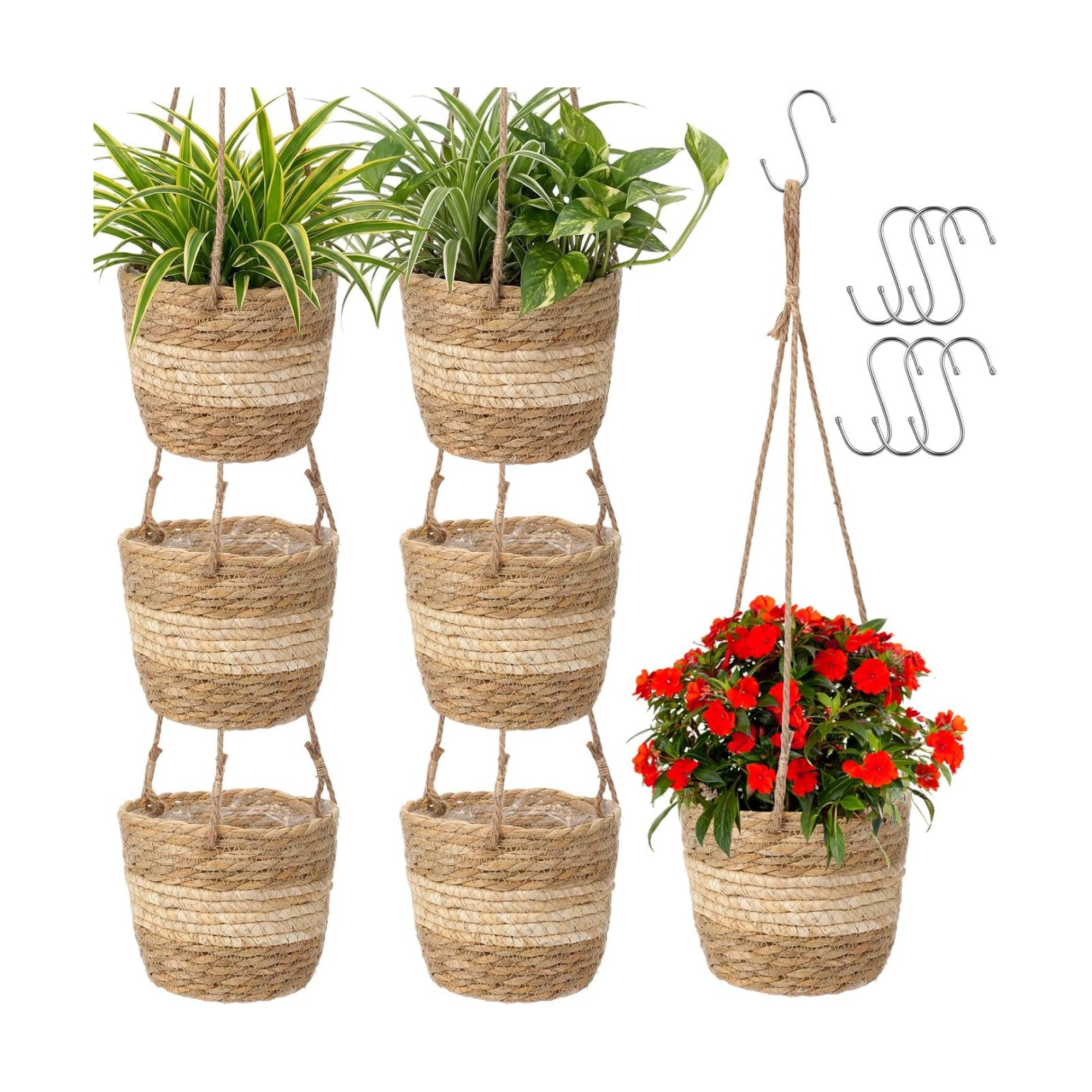 Seagrass Hanging Planter Basket Hand Woven Plant Basket / Beige / Small / Set of 6