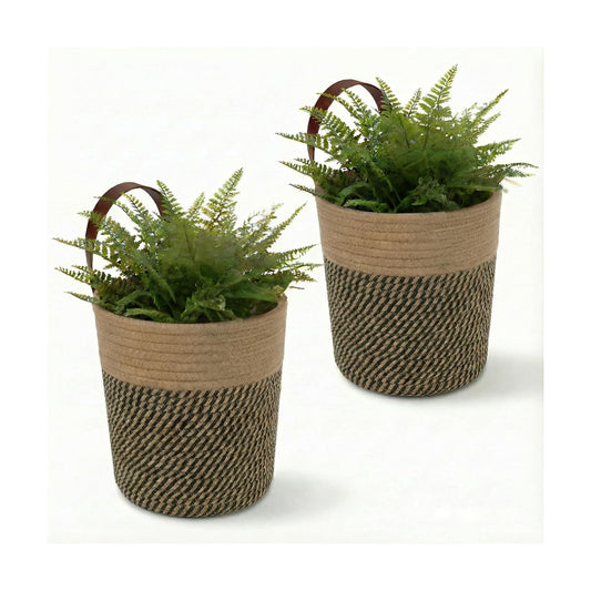Round Woven Wall Decor & Storage Planter for Plant Decor and Home / Jute & Black / 8 Inch / Set of 2