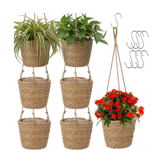 Seagrass Hanging Planter Basket Hand Woven Plant Basket / Brown / Small / Set of 6