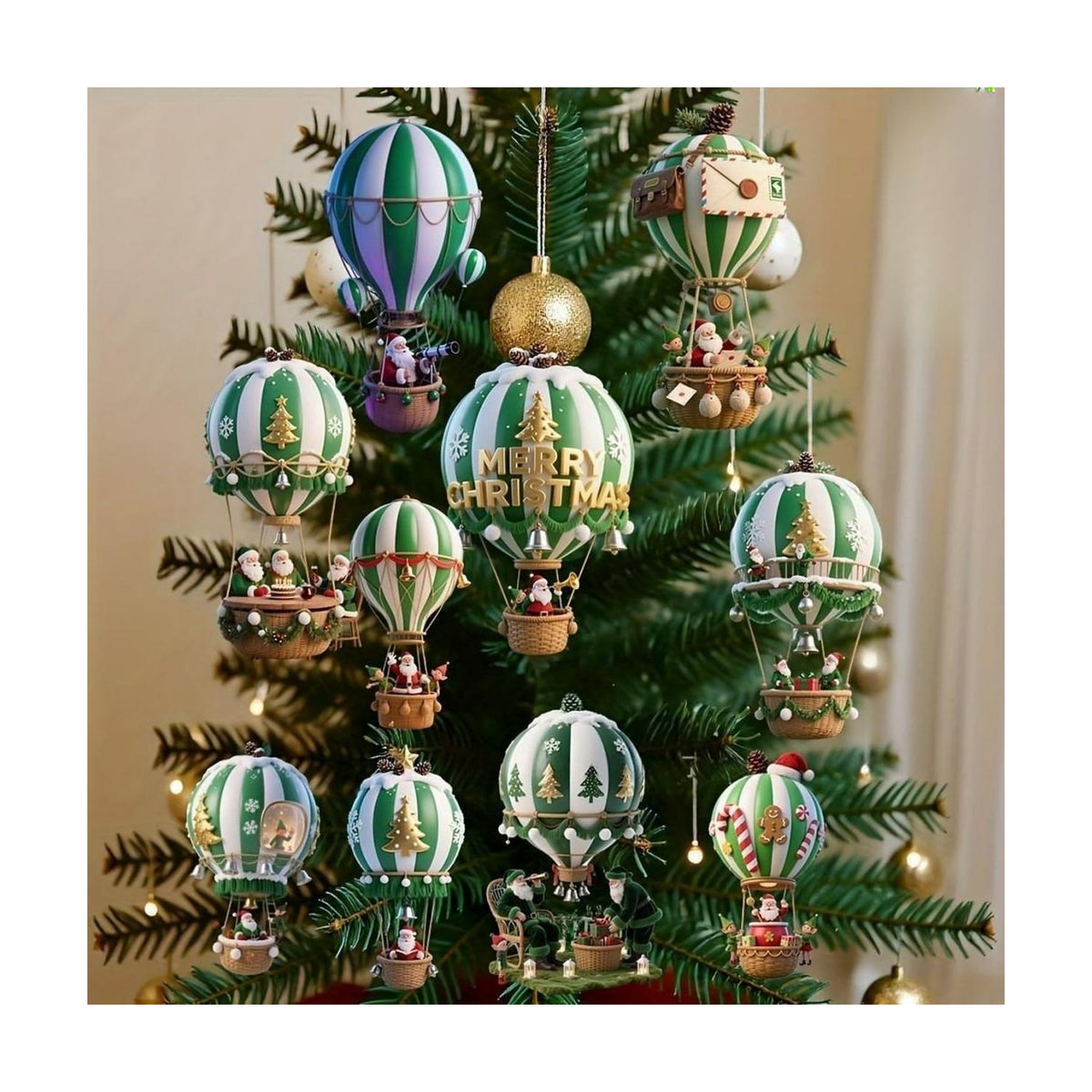 10 Pcs Christmas Hot Air Balloon Hanging Ornaments Green 2D Wooden Christmas Tree Ornaments Decor Santa Claus in Hot Air Balloon Designs Mini DIY Hanging Pendants for Xmas Home Party