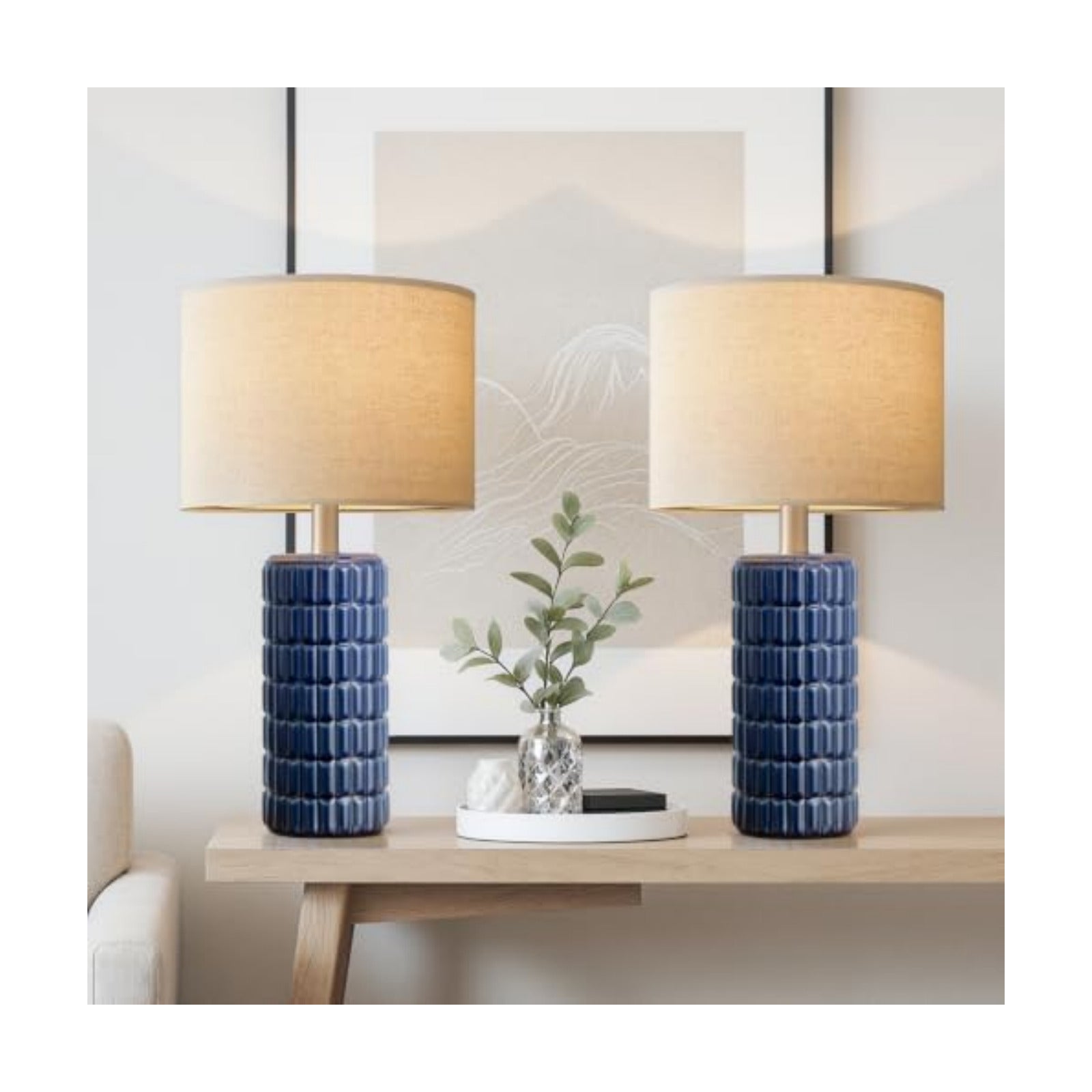 Seealle 23" Modern Ceramic Table Lamps Set of 2, Lamps for Bedroom, Blue