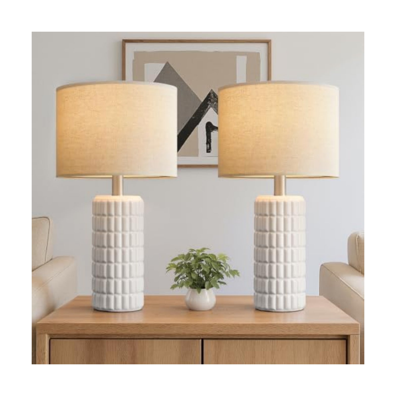 Seealle 23" Modern Ceramic Table Lamps Set of 2, Lamps for Bedroom, White
