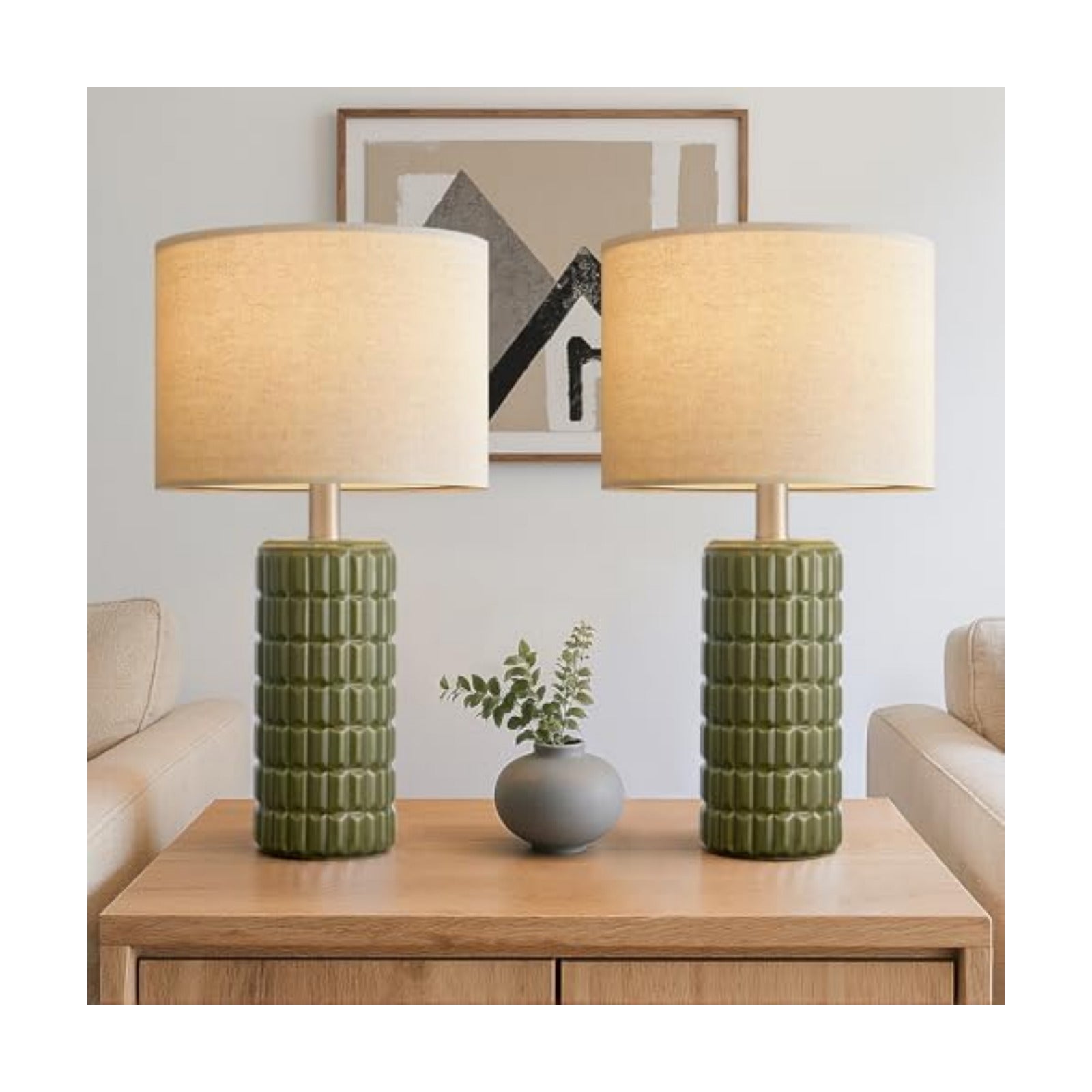 Seealle 23" Modern Ceramic Table Lamps Set of 2, Lamps for Bedroom, Green