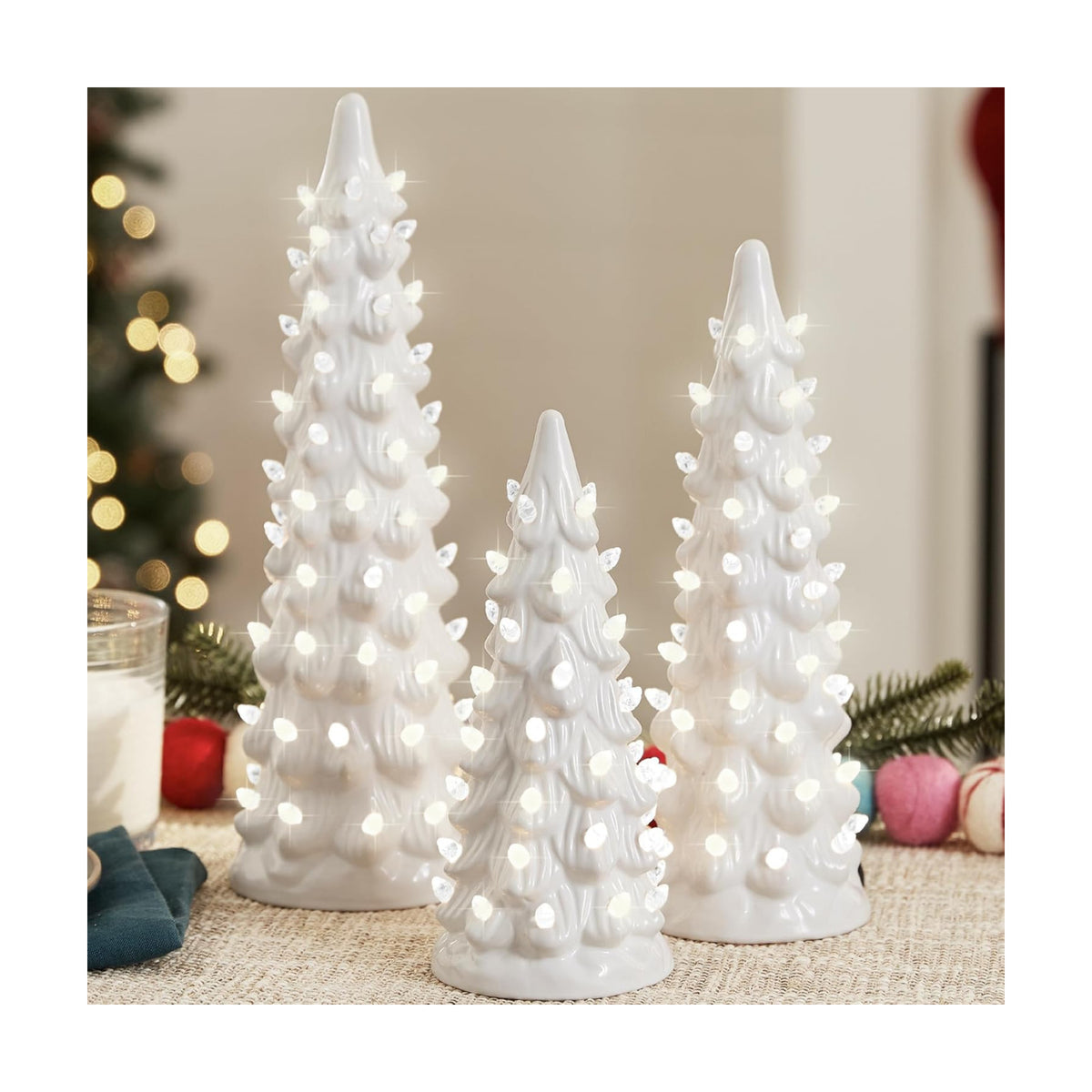Best Choice Products Set of 3 XL Ceramic Christmas Trees, Pre-Lit Hand-Painted Tabletop Holiday Décor w/Warm White Bulbs, LED Lights – White