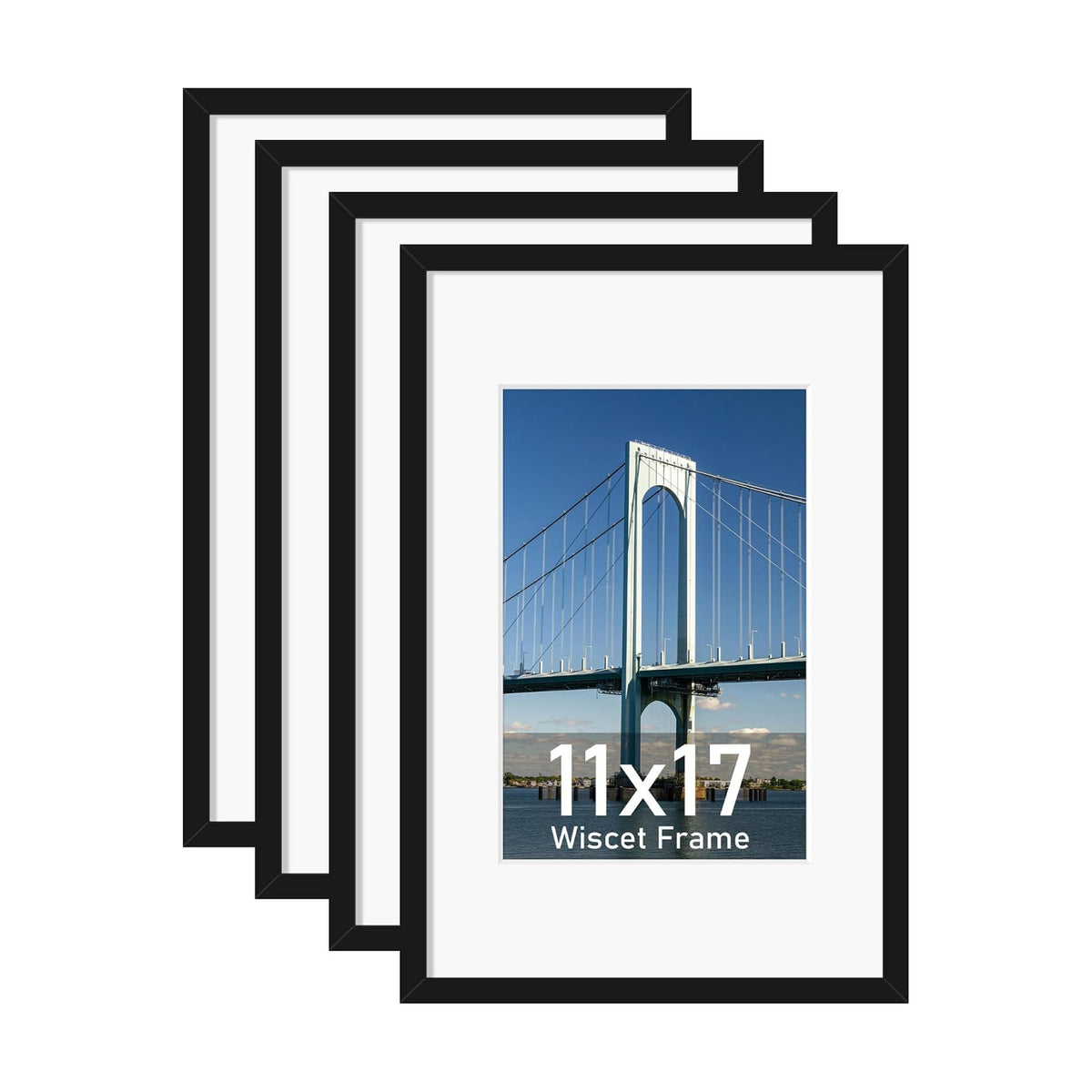 Wiscet 11x17 Picture Frame Set of 4, for Wall Mounting, Black | Display Picture 8x12 with Mat or 11x17 Poster Frame