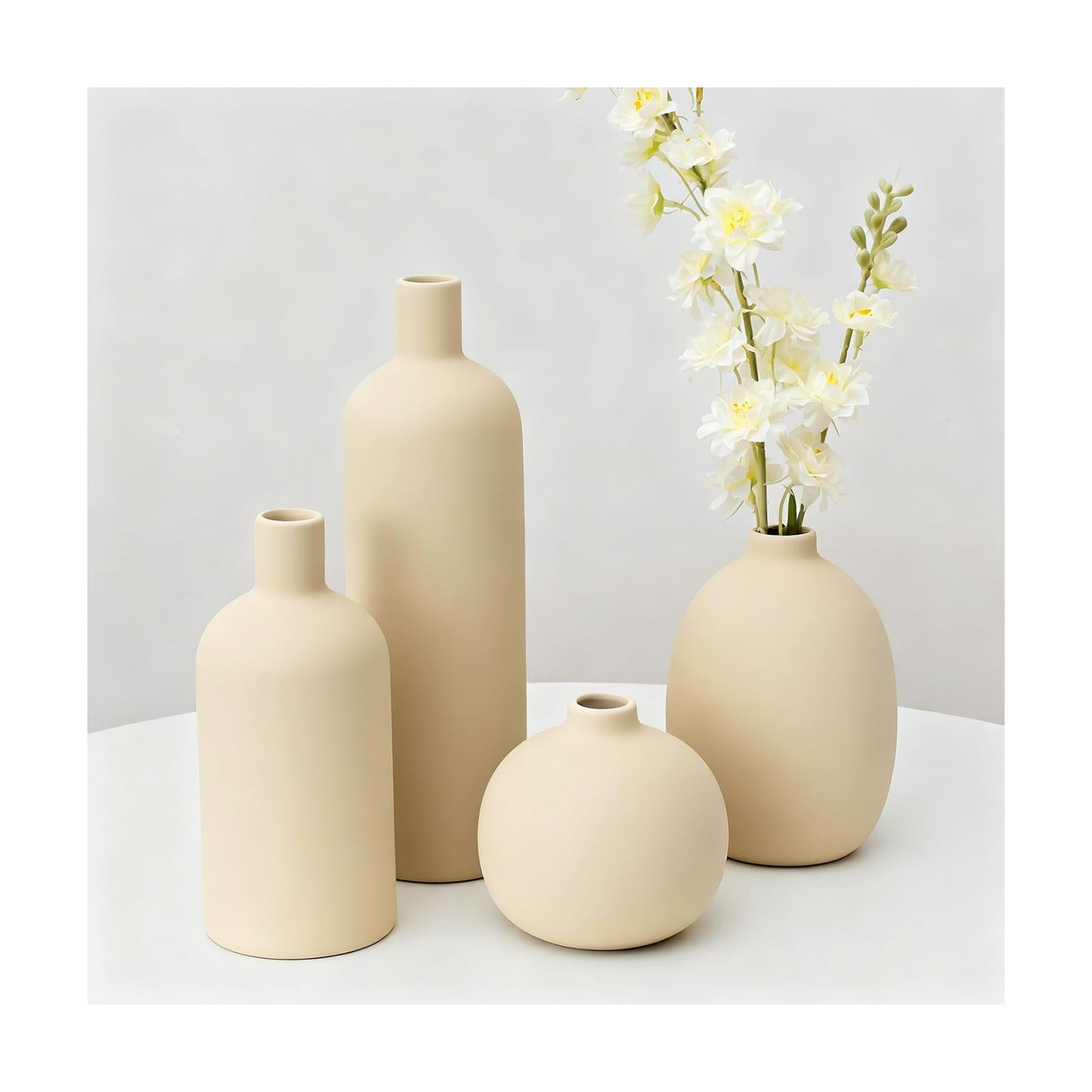 Ceramic Vase / Rustic Farmhouse Decorative Flowers Vases for Bouquet / Beige / Set of 4