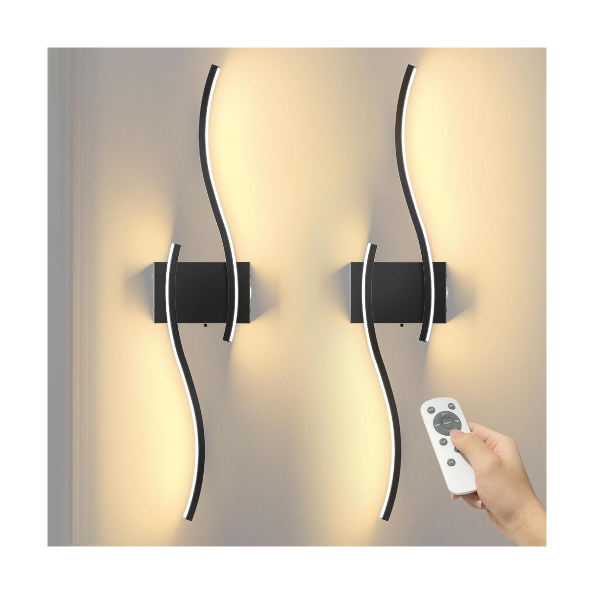27.6 Inch Battery Operated Wall Sconce Set of 2, Black Modern Rechargeable Wall Lights with Remote, 3CCT Dimmable
