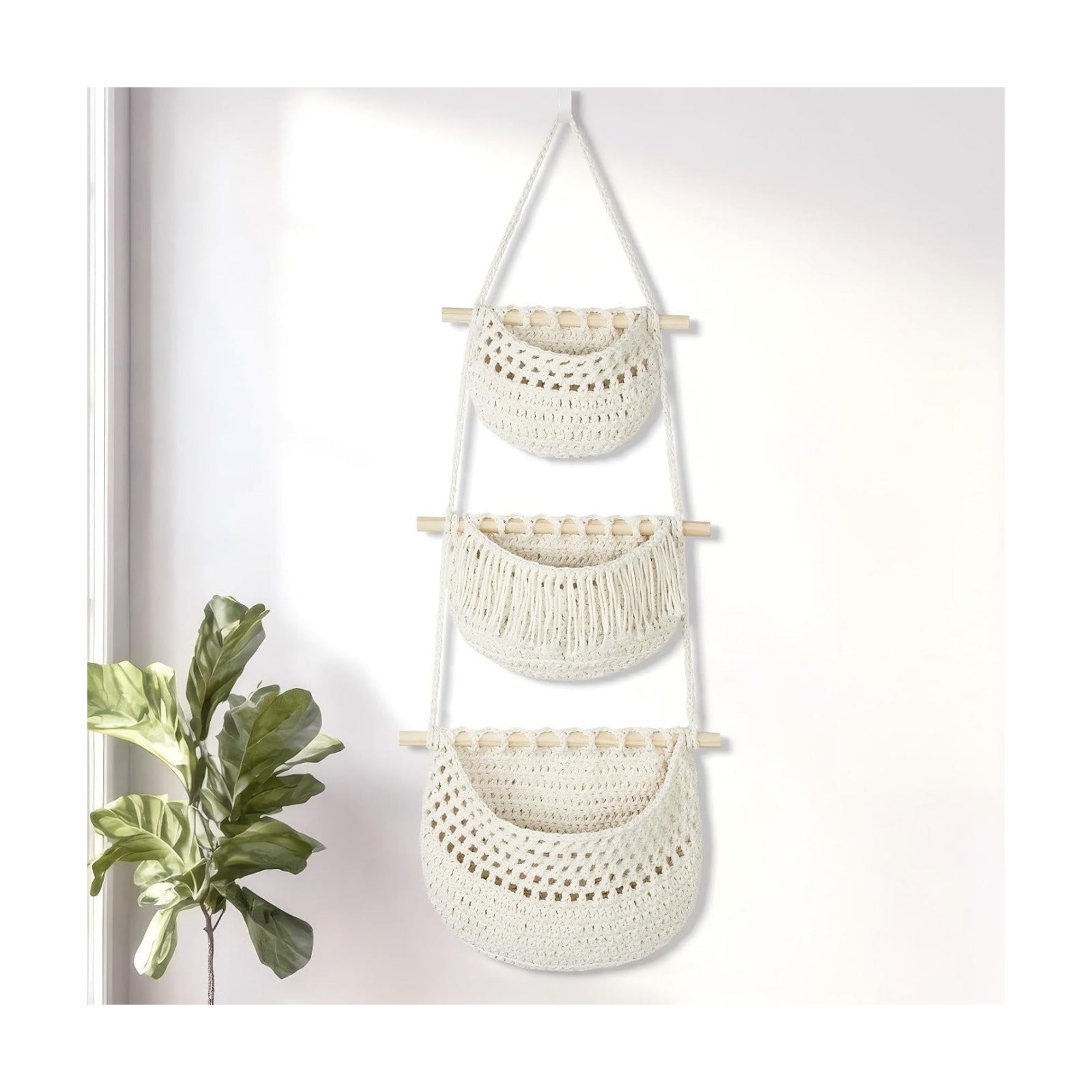 Boho Style Handwoven Rope Hanging Basket / White