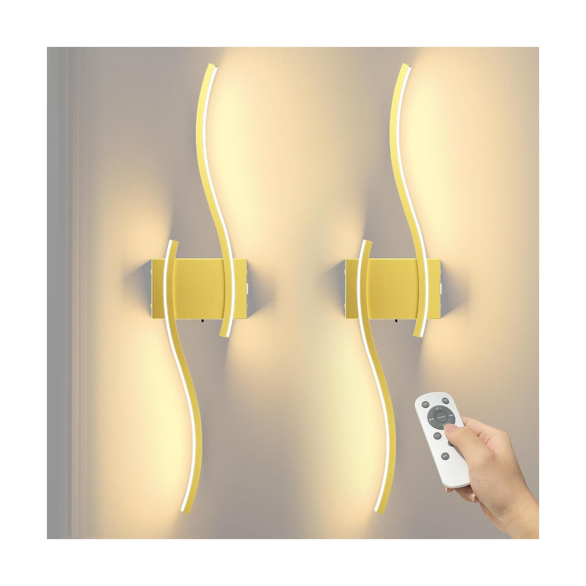 27.6 Inch Battery Operated Wall Sconce Set of 2, Gold Modern Rechargeable Wall Lights with Remote, 3CCT Dimmable