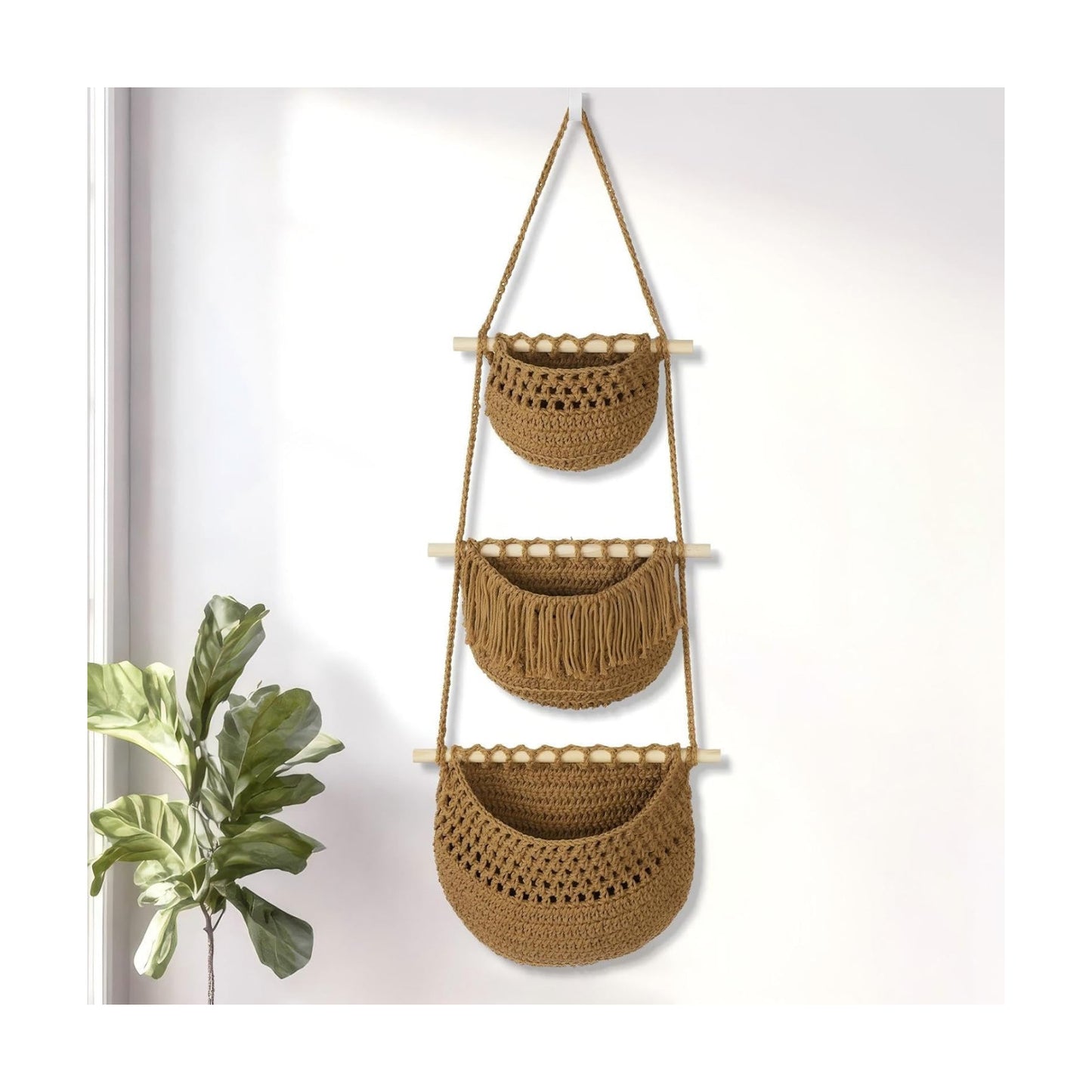 Boho Style Handwoven Rope Hanging Basket / Brown