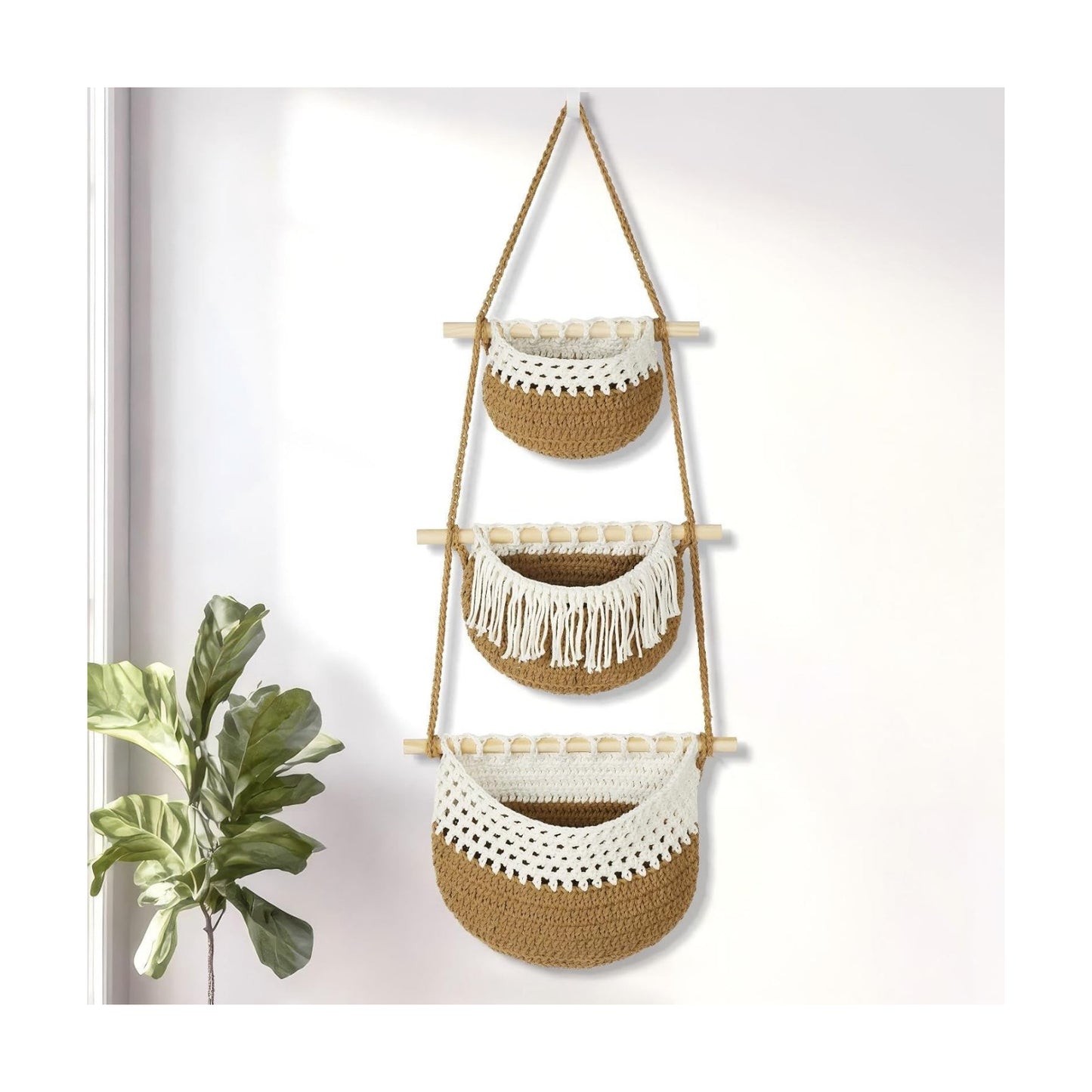 Boho Style Handwoven Rope Hanging Basket / Khaki&white