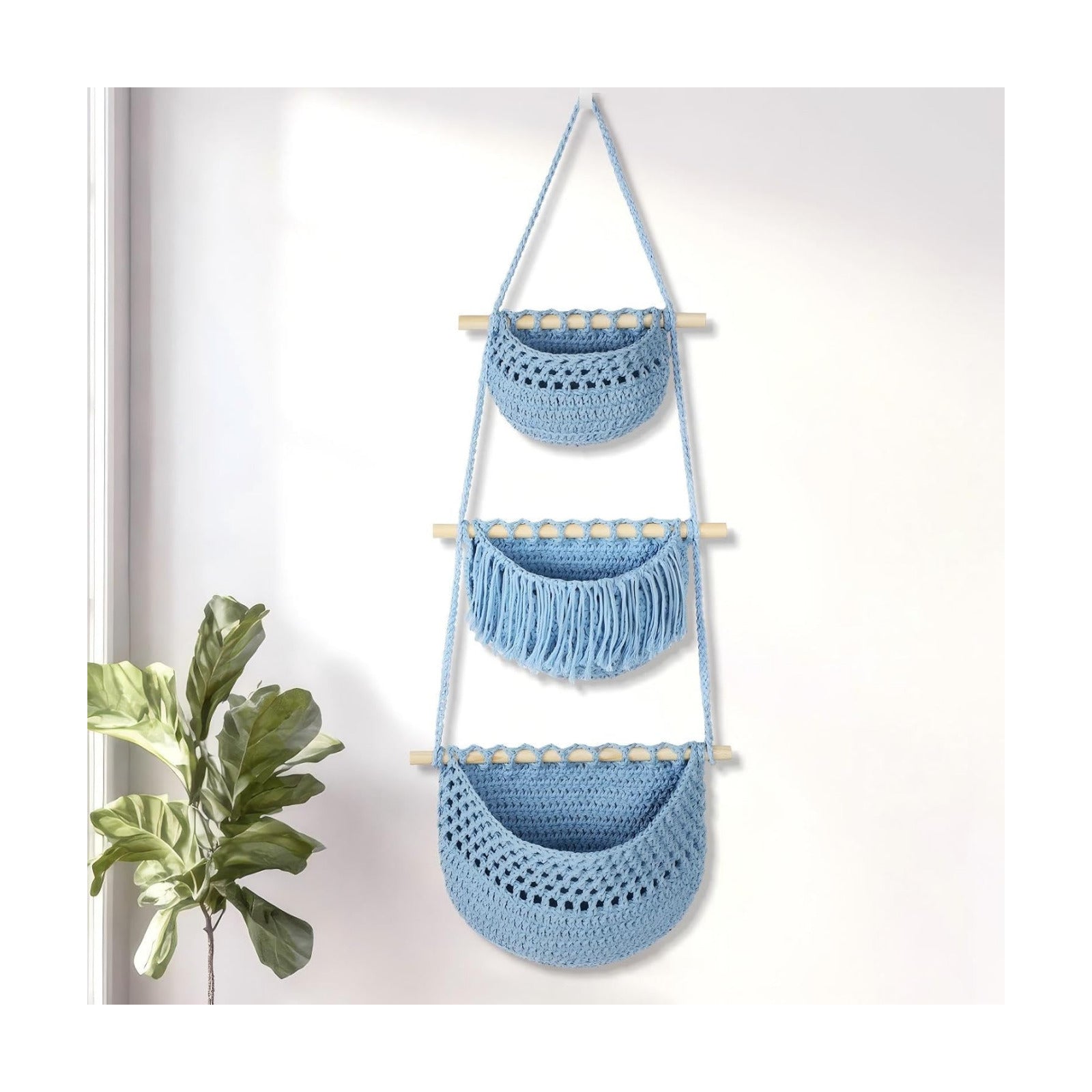 Boho Style Handwoven Rope Hanging Basket / Blue