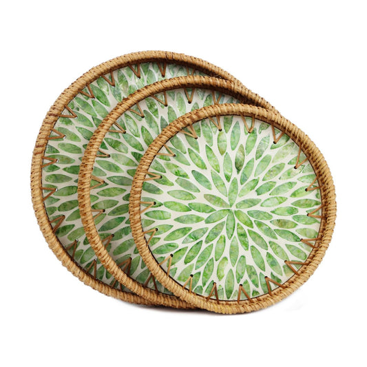 Rattan Tray / Round Serving Trays / Green Leaf / Set of 11