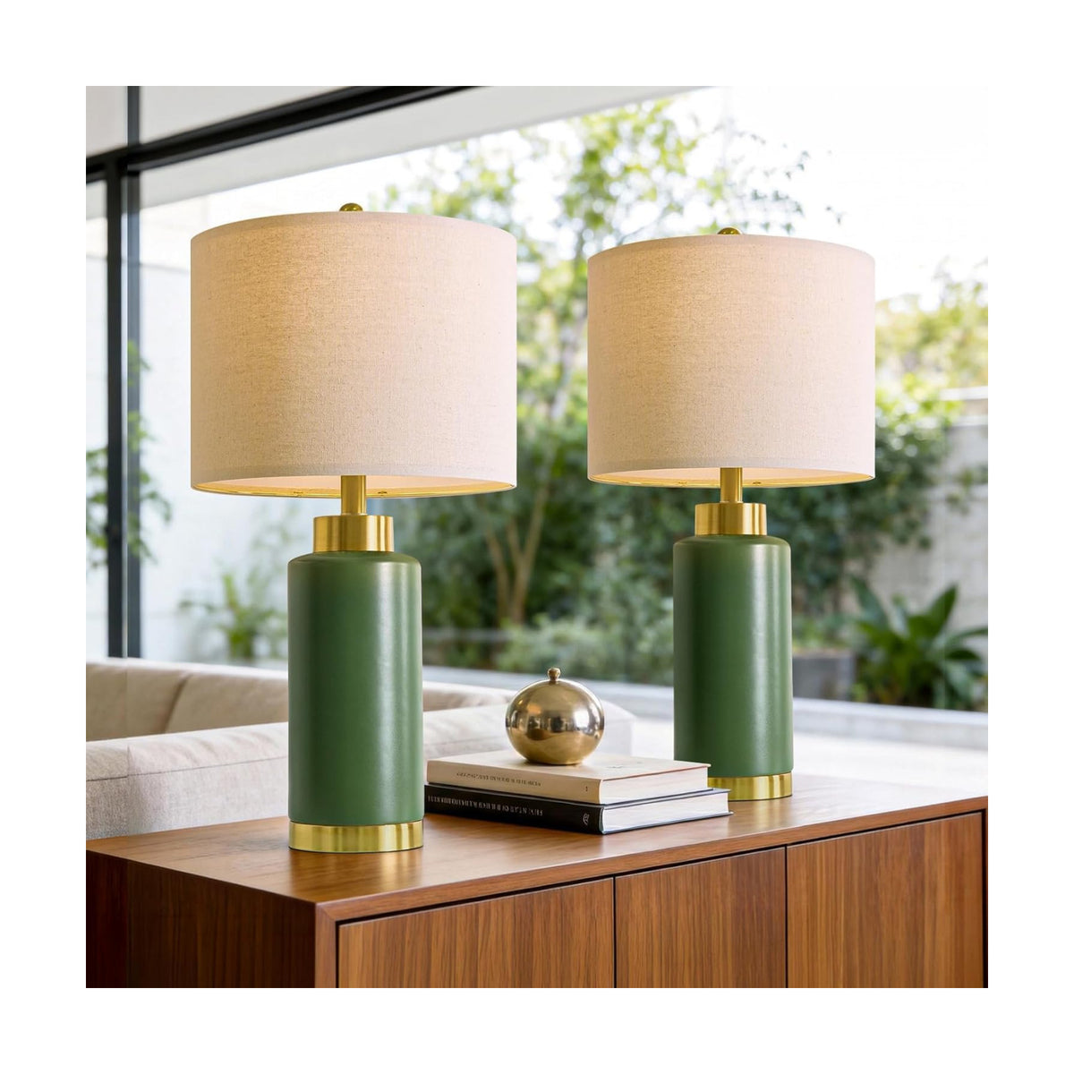 USumkky 25" Green Ceramic Table Lamp Set of 2, Modern Mid-Century Bedside Nightstand Lamps for Bedroom Living Room