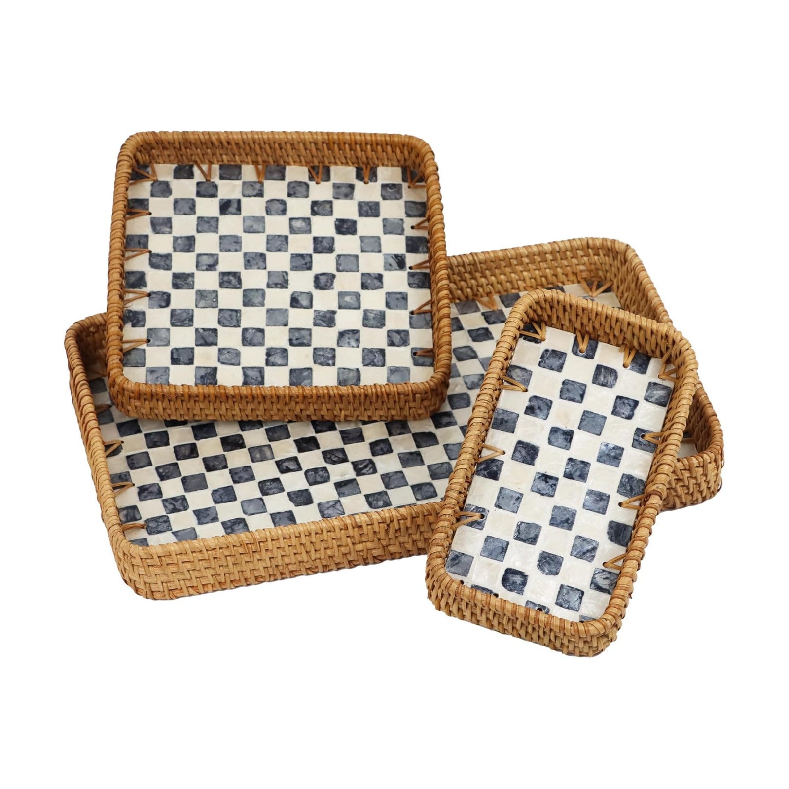 Rattan Serving Trays / Black Checkerboard / Set of 3