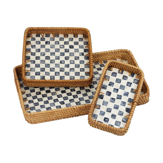 Rattan Serving Trays / Black Checkerboard / Set of 3