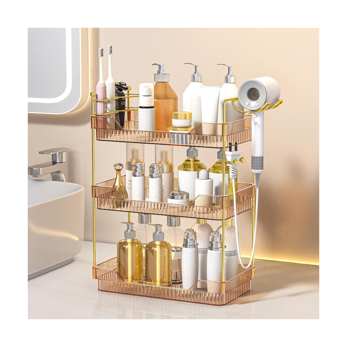 3-Tier Bathroom Countertop Organizer - Amber Acrylic Vanity Trays with Hair Dryer & Toothbrush Holder - Luxury