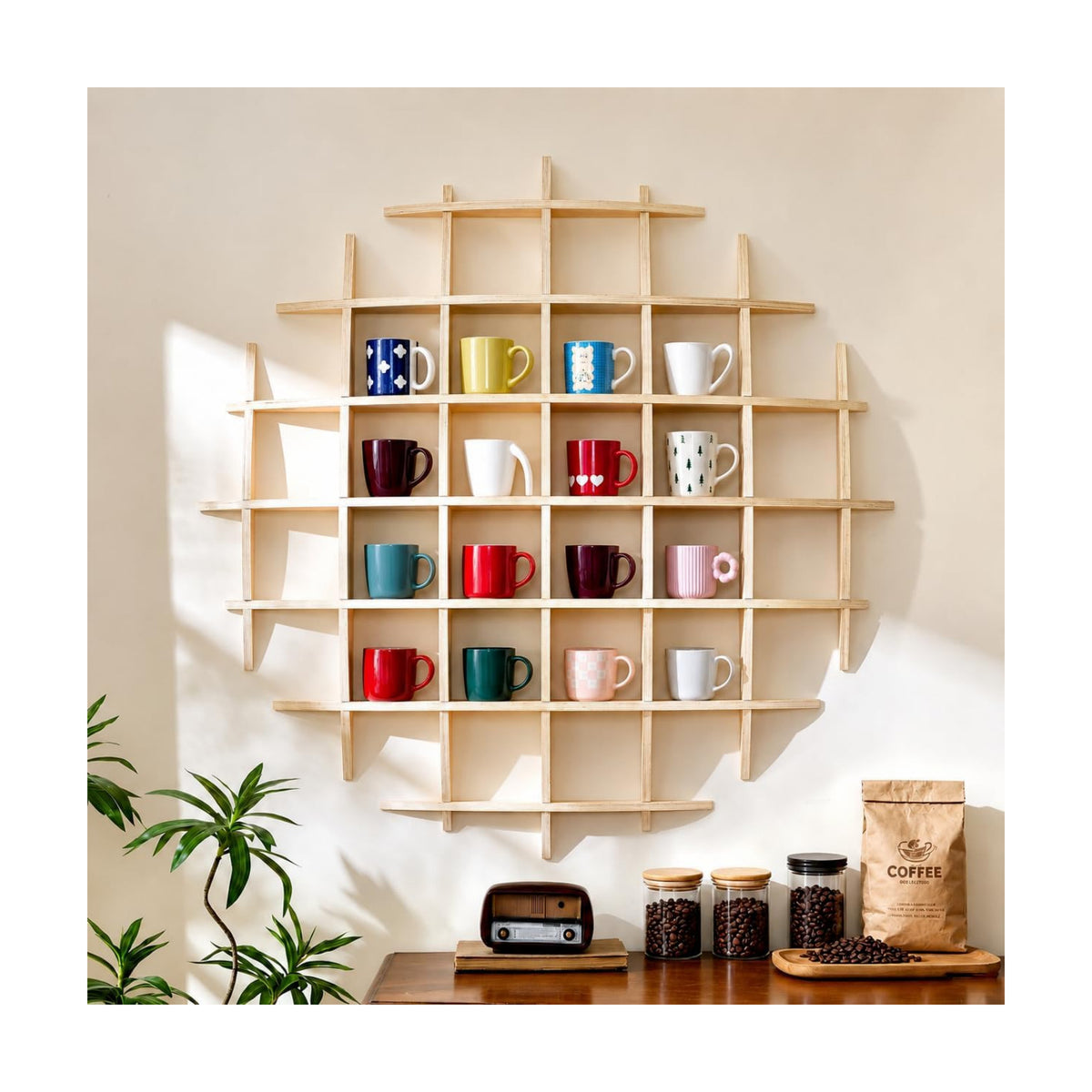 46 x 46 Inch Oversize Wooden Coffee Mug Display Shelf for Wall | Wall-mounted mug holder, floating curio shelf and tea
