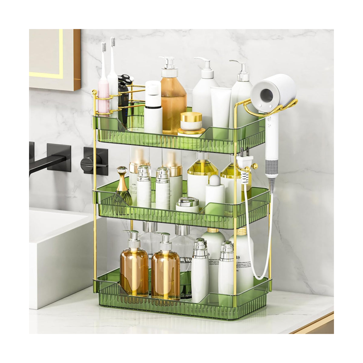 Bathroom Counter Organizer with Hair Dryer Holder and Toothbrush Holder, Acrylic Vanity Tray for Skincare, Perfume