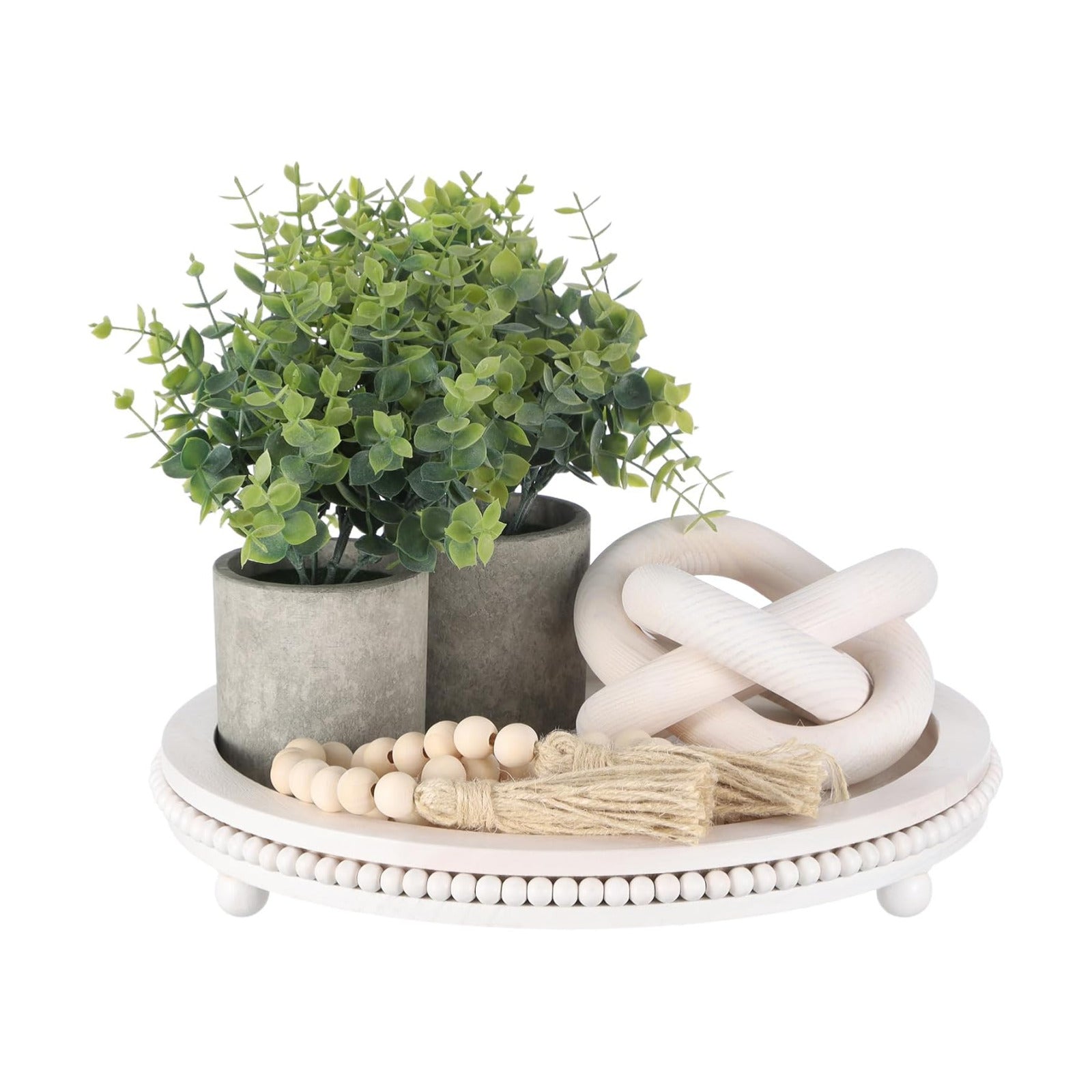 Bohemian Home Decor Set Beaded Circular Wooden Tray Artificial / White / 12 Inch / Set of 5