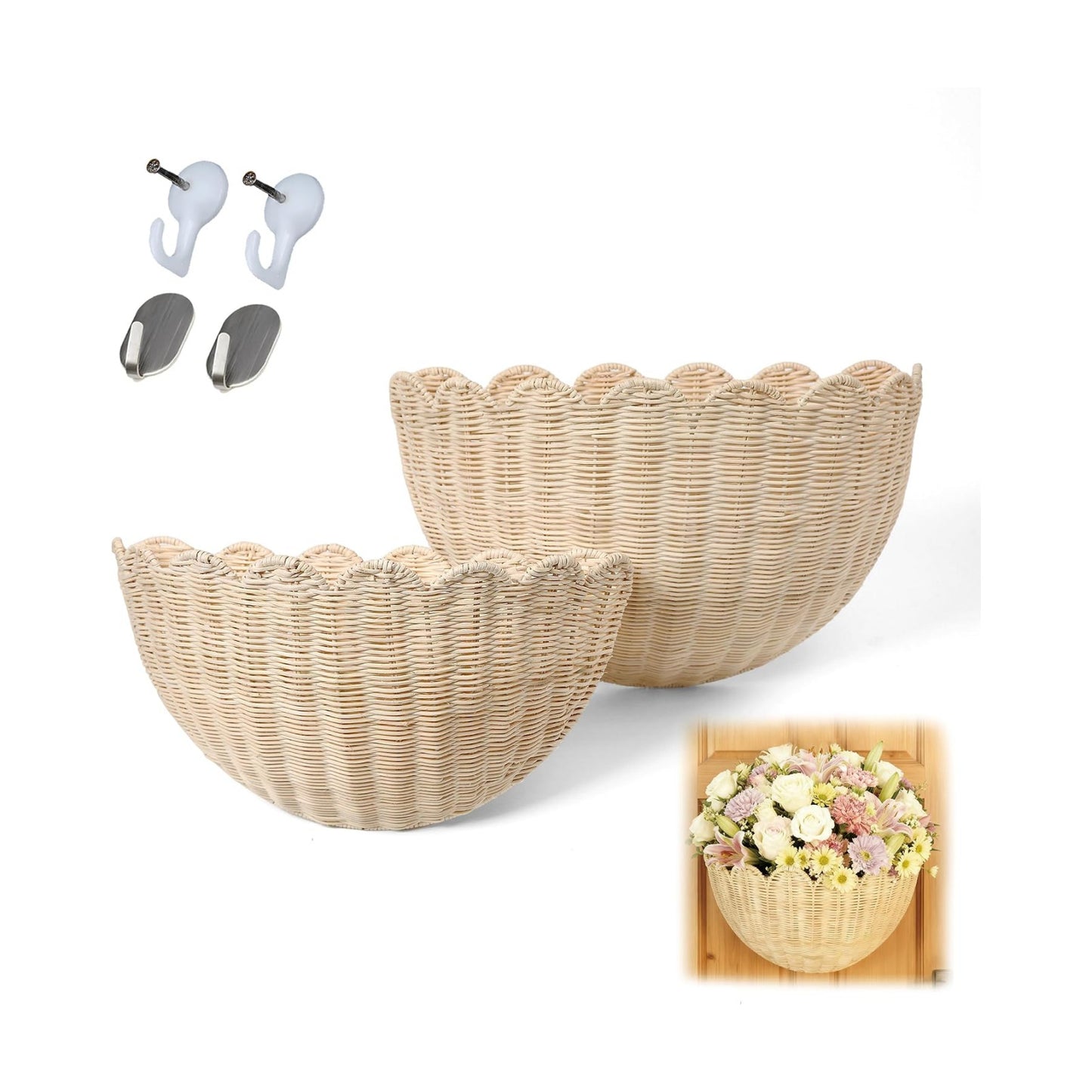 Scalloped Woven Rattan Wall Hanging Baskets / Natrual M6 / Set of 2