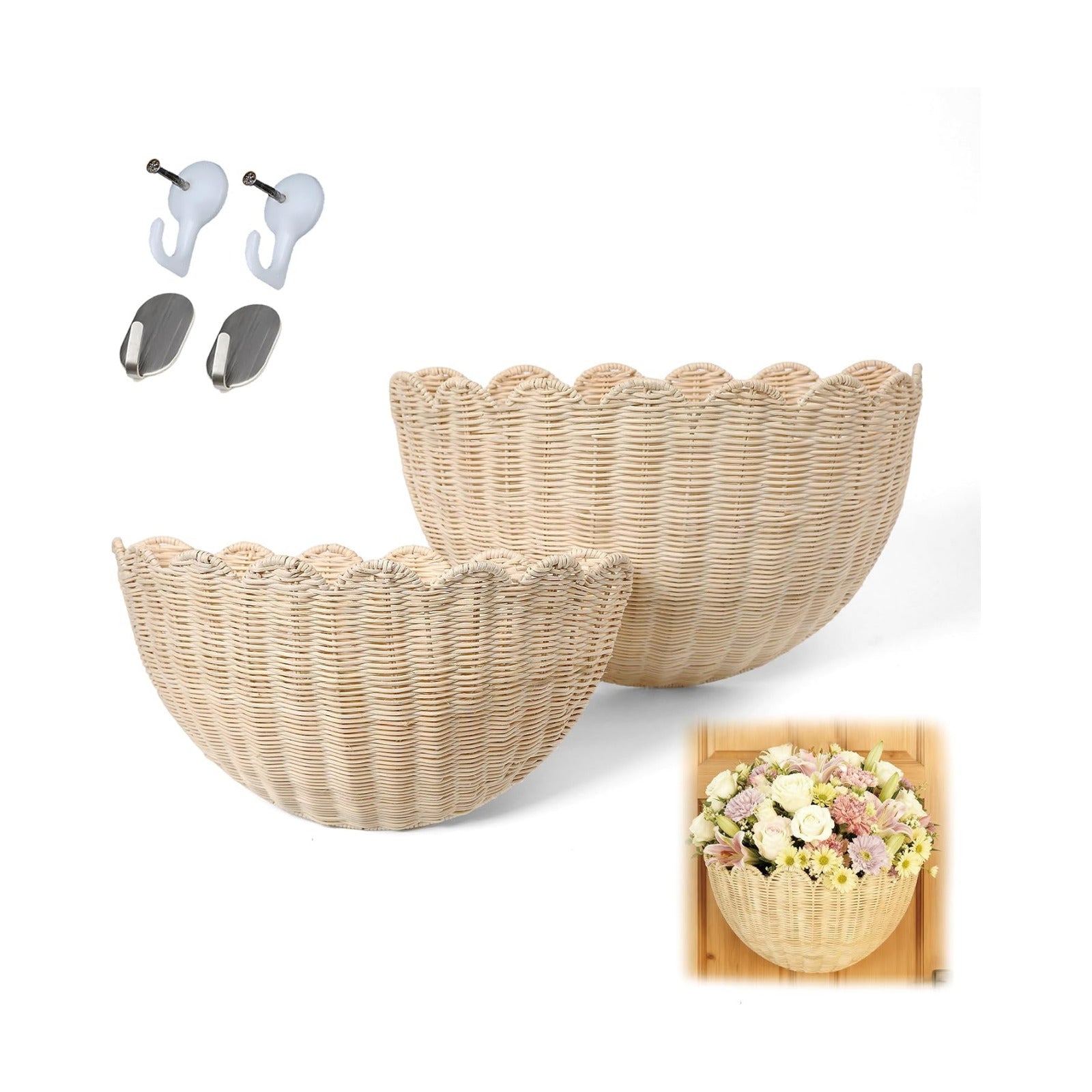 Scalloped Woven Rattan Wall Hanging Baskets / Natrual M6 / Set of 2