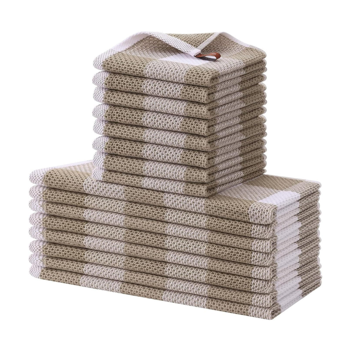 Homaxy Kitchen Towels and Dishcloths Set, Set of 16, White & Khaki | Bulk Cotton Waffle Weave Check Plaid Kitchen
