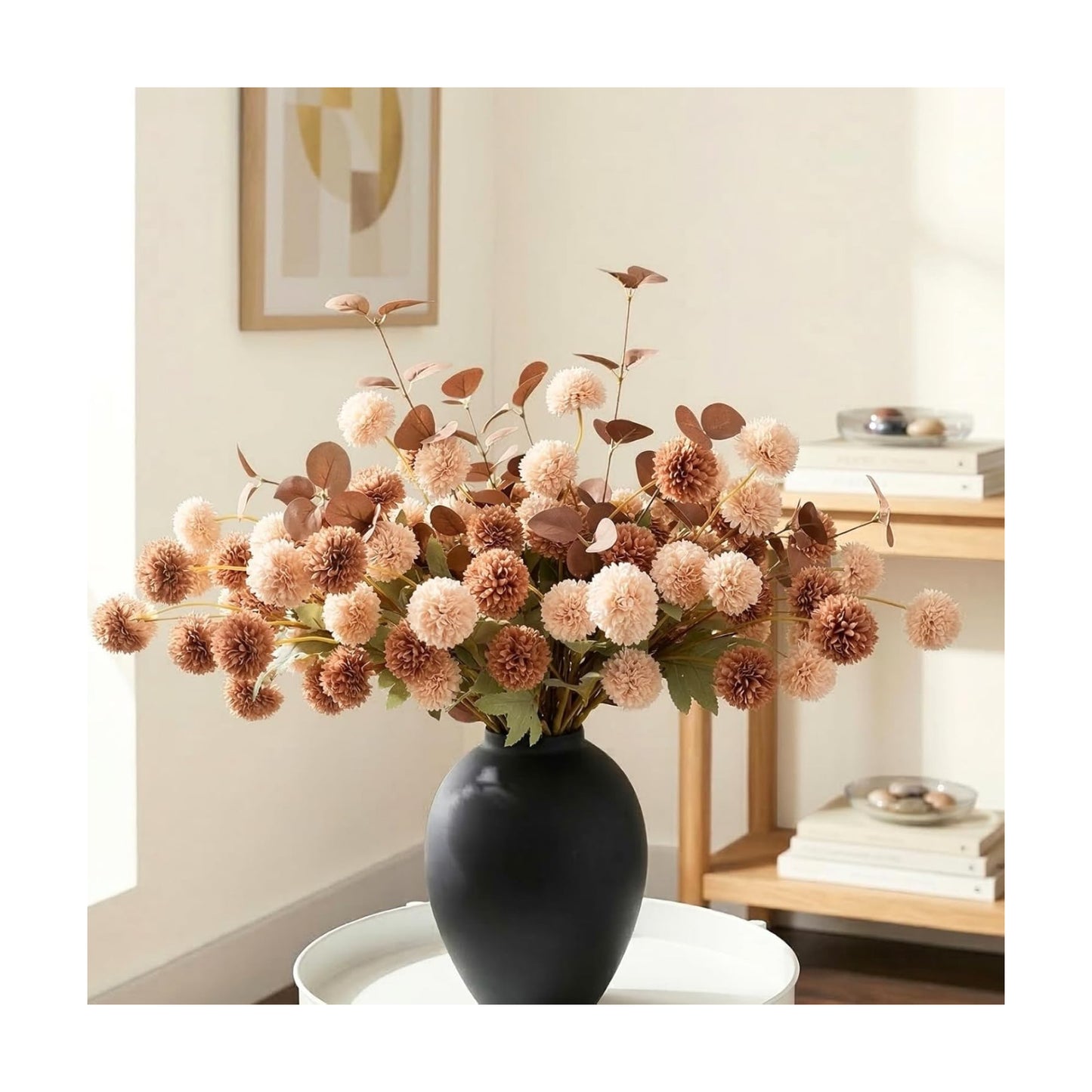 22pcs Artificial Beige & Brown Kiku Flowers with Eucalyptus Stems Bulk, Faux Silk Mum Pom Poms for Vase, Modern