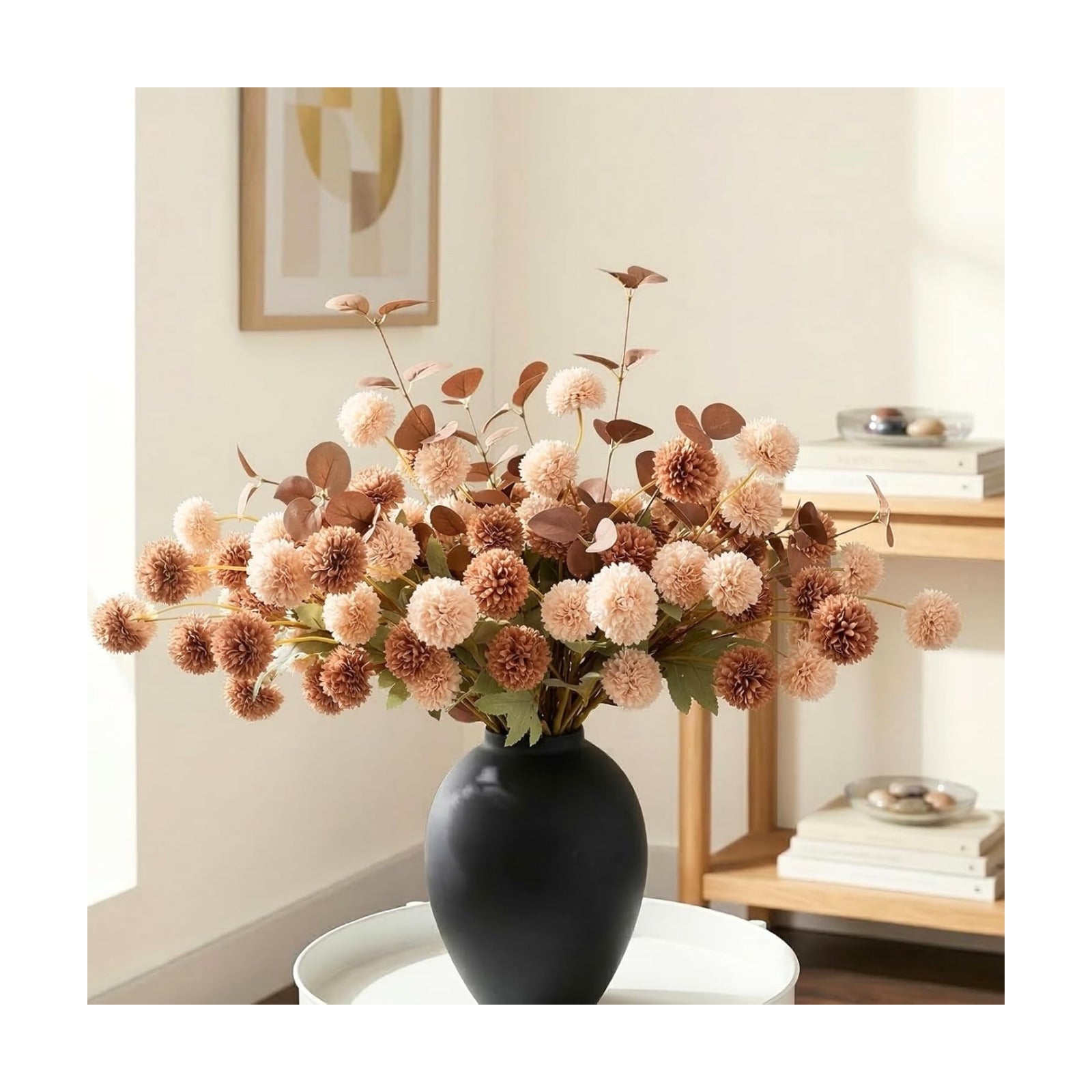 22pcs Artificial Beige & Brown Kiku Flowers with Eucalyptus Stems Bulk, Faux Silk Mum Pom Poms for Vase, Modern