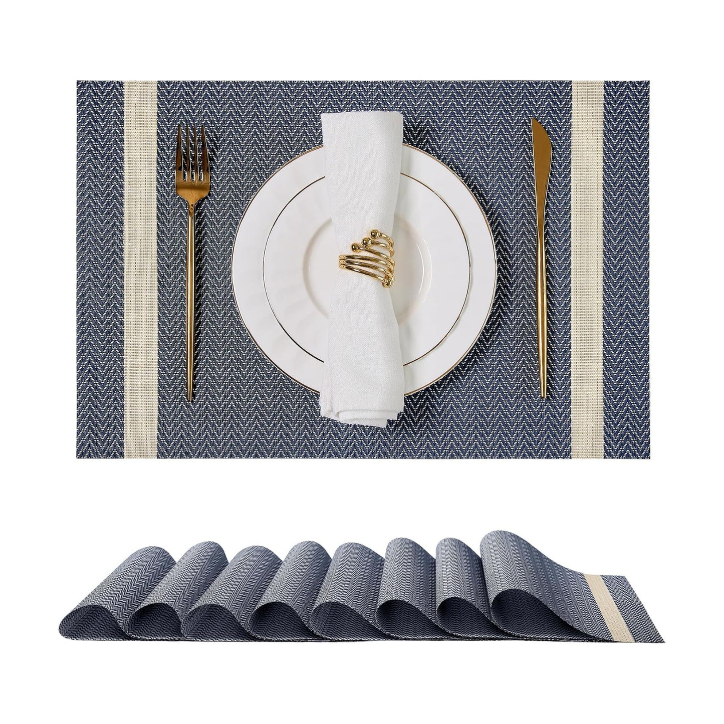 Dark Blue Vinyl Woven Placemats / 01- Blue with Stripes / Set of 8