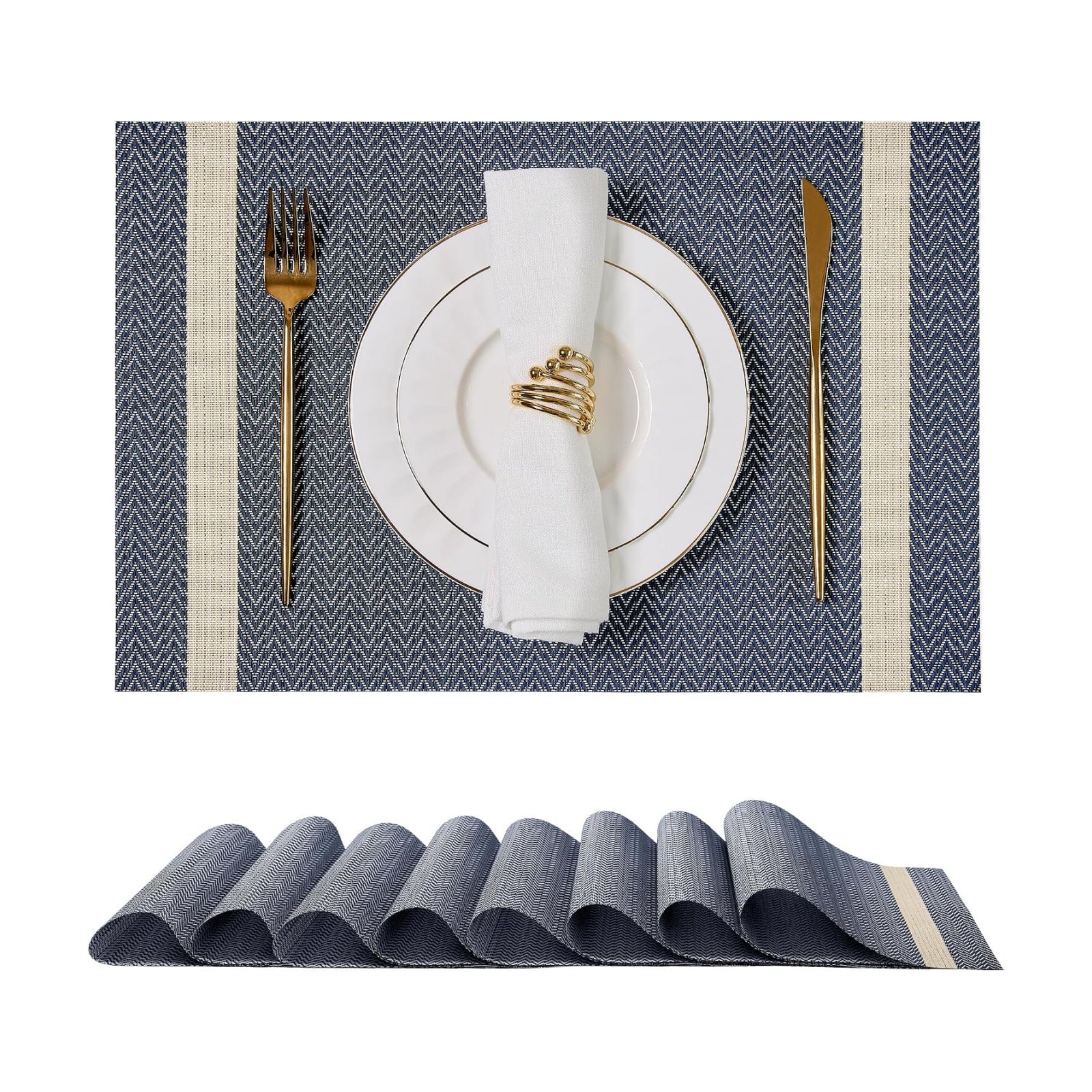Dark Blue Vinyl Woven Placemats / 01- Blue with Stripes / Set of 8