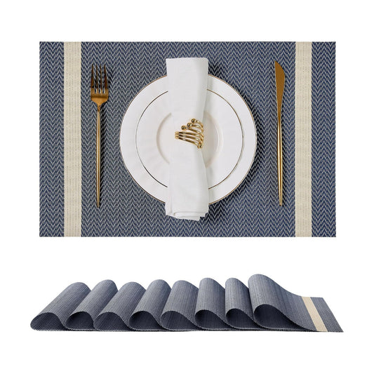 Dark Blue Vinyl Woven Placemats / 01- Blue with Stripes / Set of 8