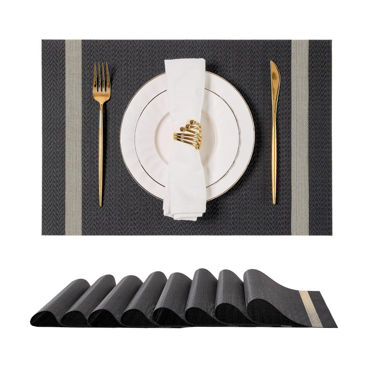 Leetaltree Woven Vinyl Placemats Set of 8,Black Striped | High Density，Stain Resistant, Easy to Clean, Washable Table