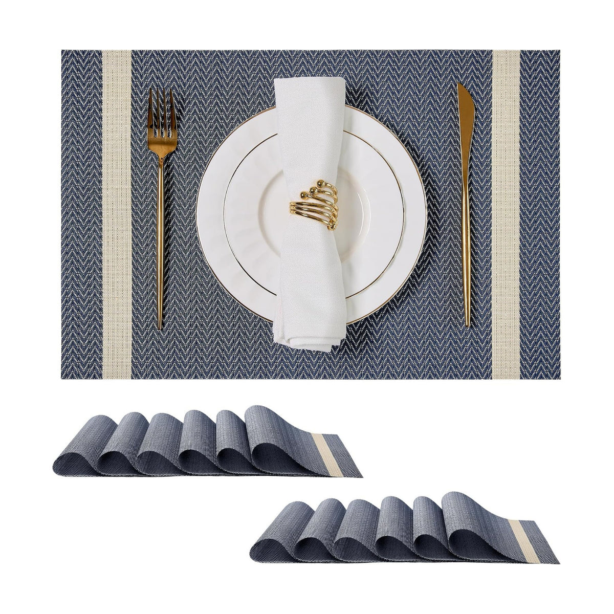 Leetaltree Woven Vinyl Placemats Set of 12,Blue Striped | High Density，Stain Resistant, Easy to Clean, Washable Table