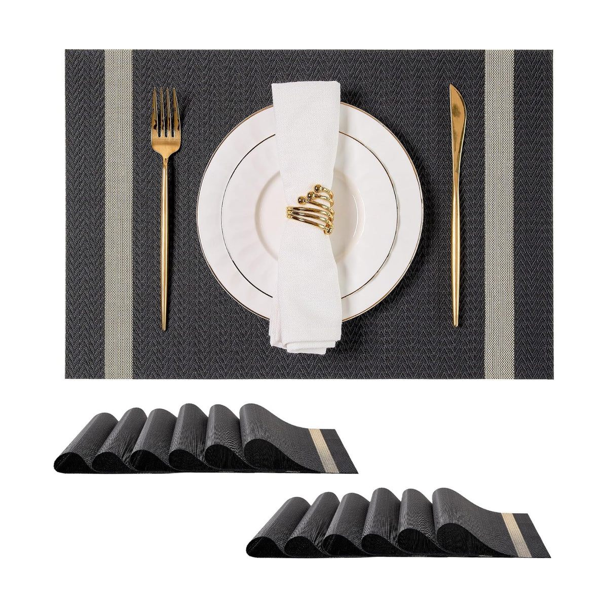 Leetaltree Woven Vinyl Placemats Set of 12,Black Striped | High Density，Stain Resistant, Easy to Clean, Washable Table