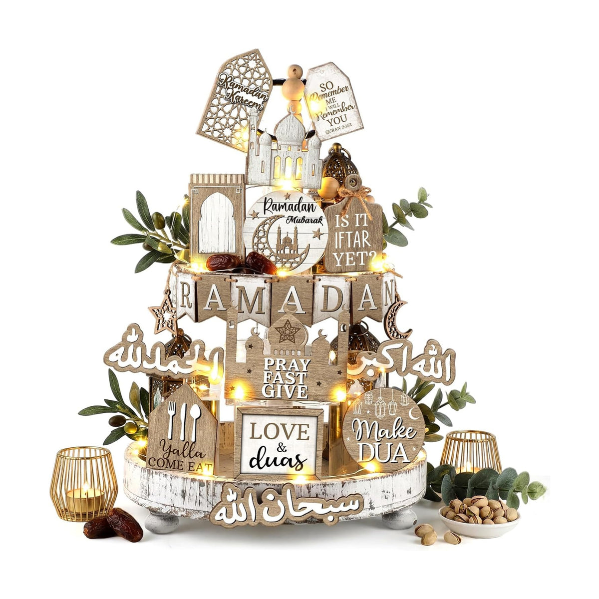 Shellwei 20 Pcs Eid Mubarak Tiered Tray Decor Ramadan Mubarak Table Decor Rustic Wooden Tabletop Signs for Home Black and Gold Muslim Islam Centerpiece for Islamic Gifts Kareem Home Table