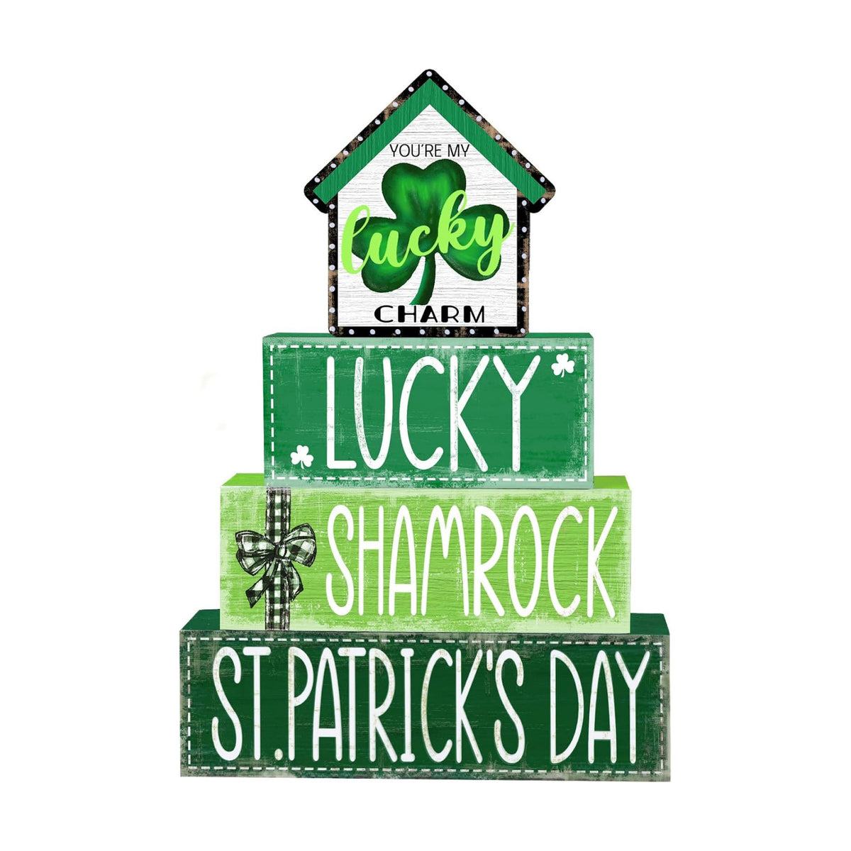 DIYDEC 4Pcs St.Patrick's Day Table Decoration Shamrocks House Wooden Block Signs Rustic St. Patrick Tiered Tray Decor Happy St.Patrick's Day Centerpiece Sign for Farmhouse Holiday Tabletop Party Decor
