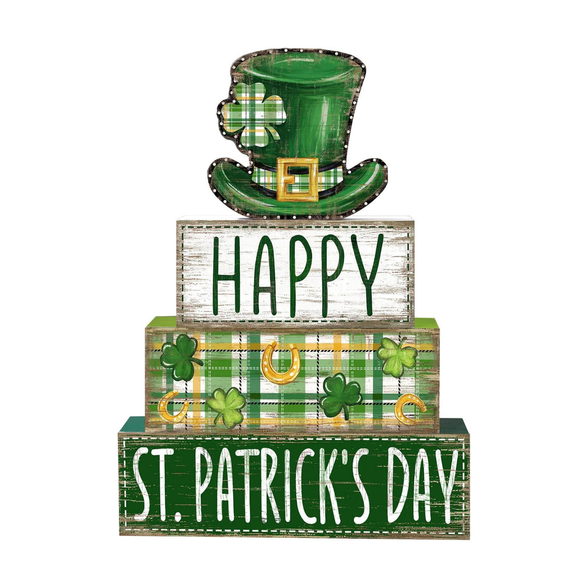 DIYDEC 4Pcs St.Patrick's Day Table Decoration Shamrocks Hat Wooden Block Signs Rustic St. Patrick Tiered Tray Decor Happy St.Patrick's Day Centerpiece Sign for Farmhouse Holiday Tabletop Party Decor