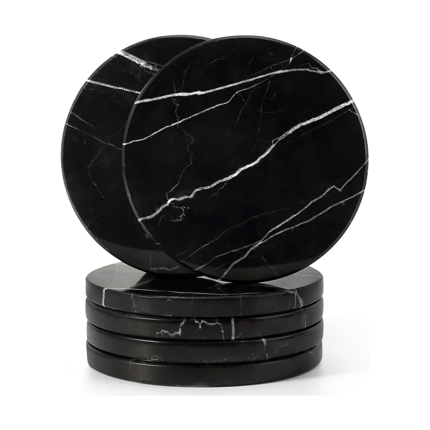 Black Marble Coasters / Nero Marquina Black / 3.9 Inch / Set of 6