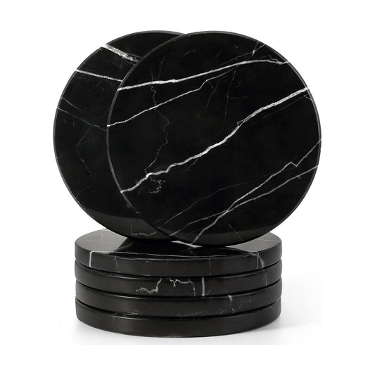 Black Marble Coasters / Nero Marquina Black / 3.9 Inch / Set of 6