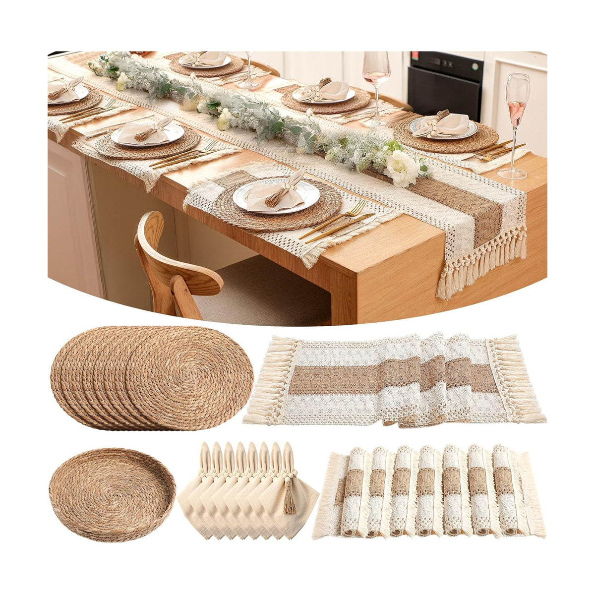 Boho Placemat Table Runner Napkin Rings, Khaki, 12x108, 8 Sets | Woven Mats for Dining with Wood Bead Rings, Cloth