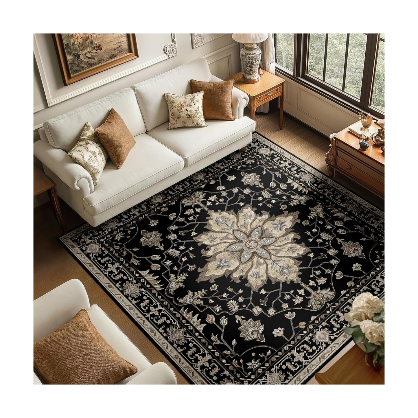 RELEANY Washable Area Rug, Square 6'x6', Black/Neutral