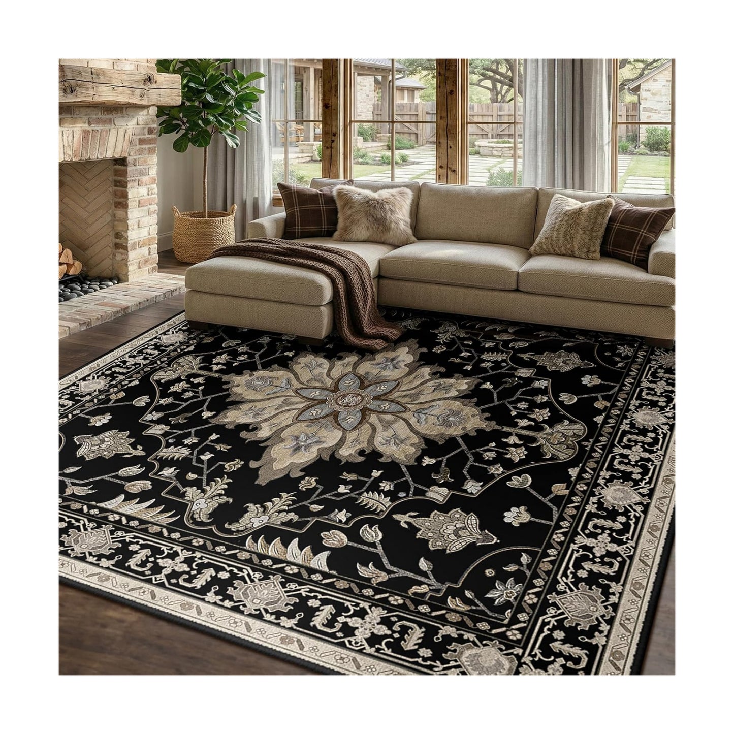 RELEANY Washable Area Rug, Square 10'x10', Black/Neutral