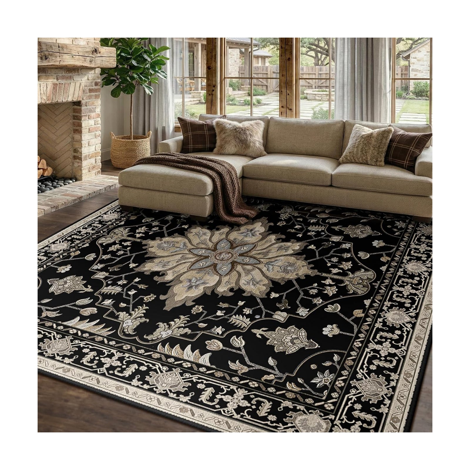 RELEANY Washable Area Rug, Square 10'x10', Black/Neutral