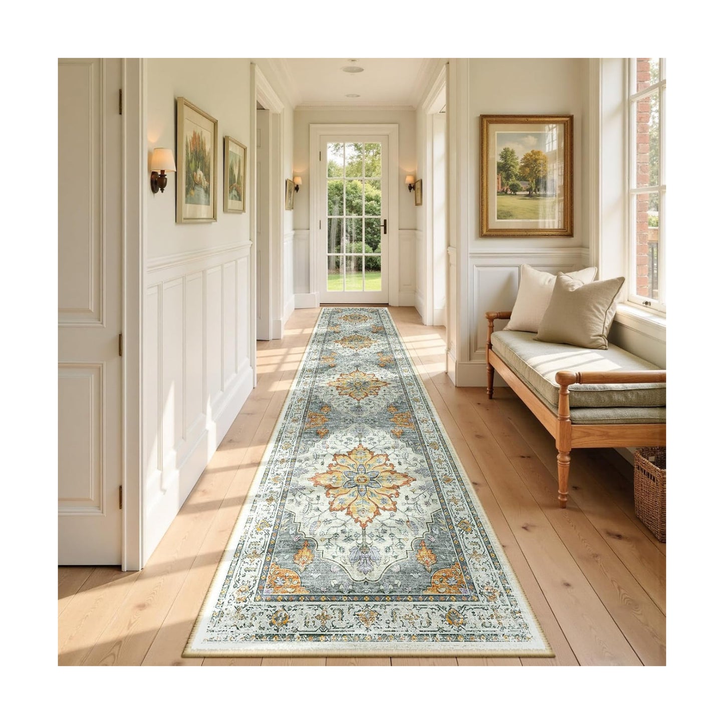RELEANY Washable Area Rug, Runner 2'6"x12', Beige/Carbon Grey/Orange