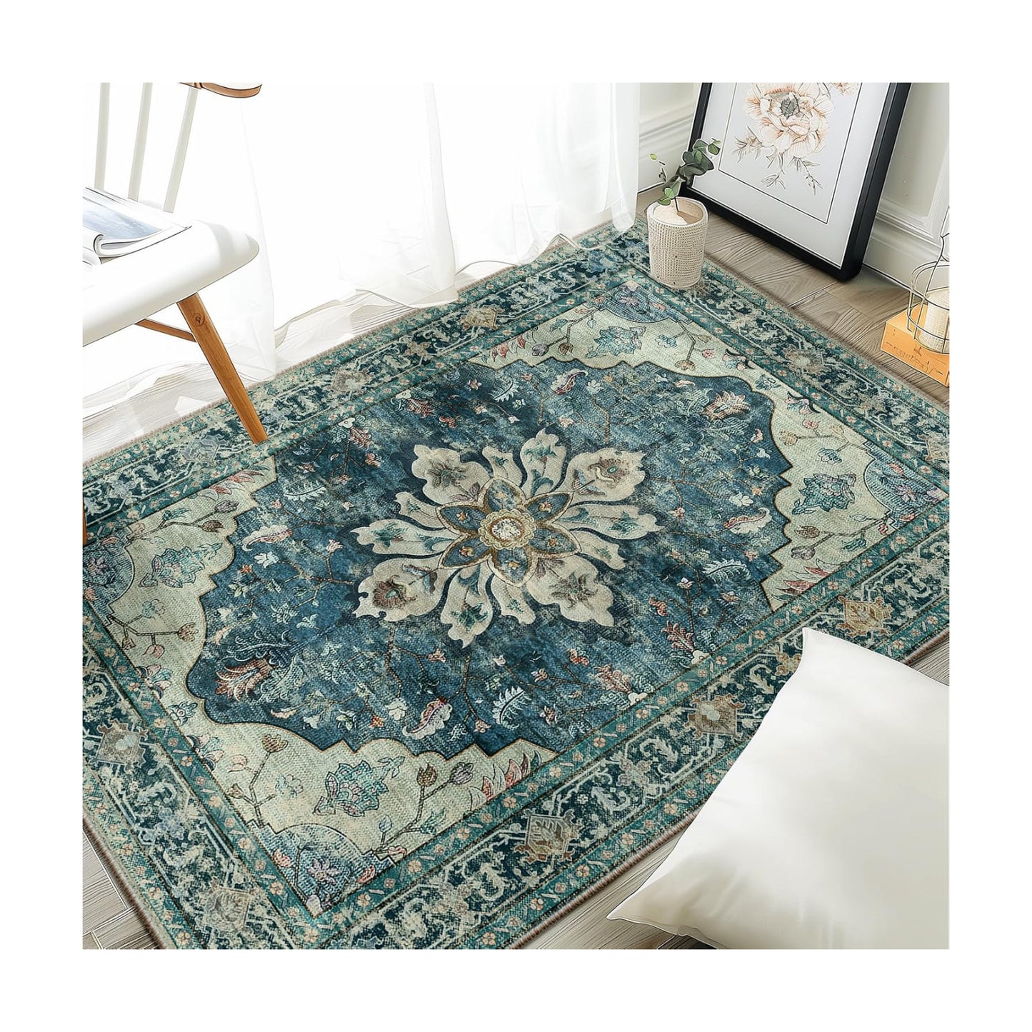 RELEANY Washable Area Rug, 3'x4', Blue/Vintage Dark Blue