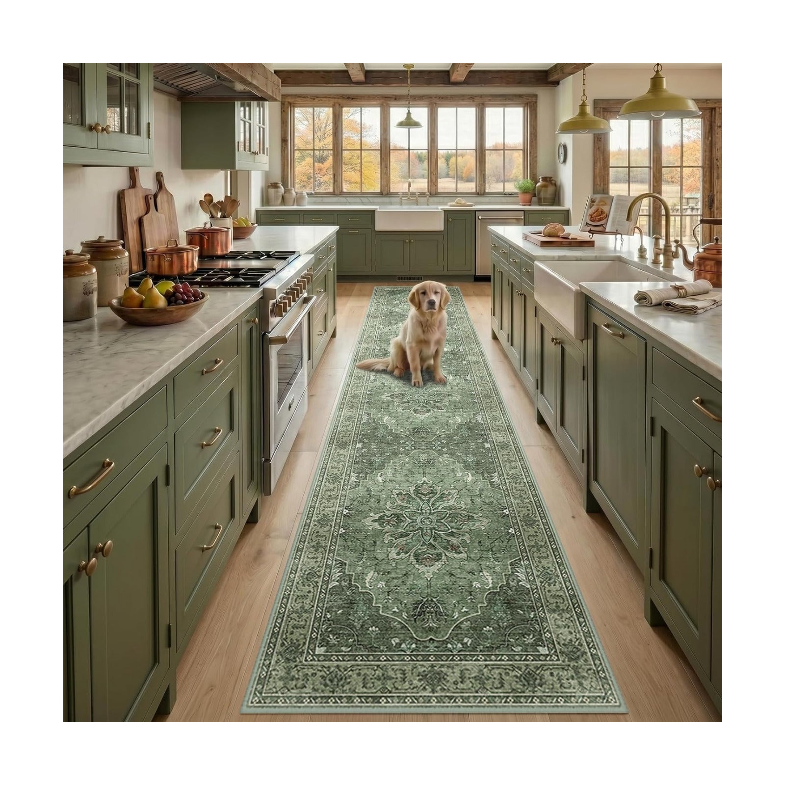 RELEANY Washable Area Rug, Runner 2'6"x12', Green/Dark Green/Gray