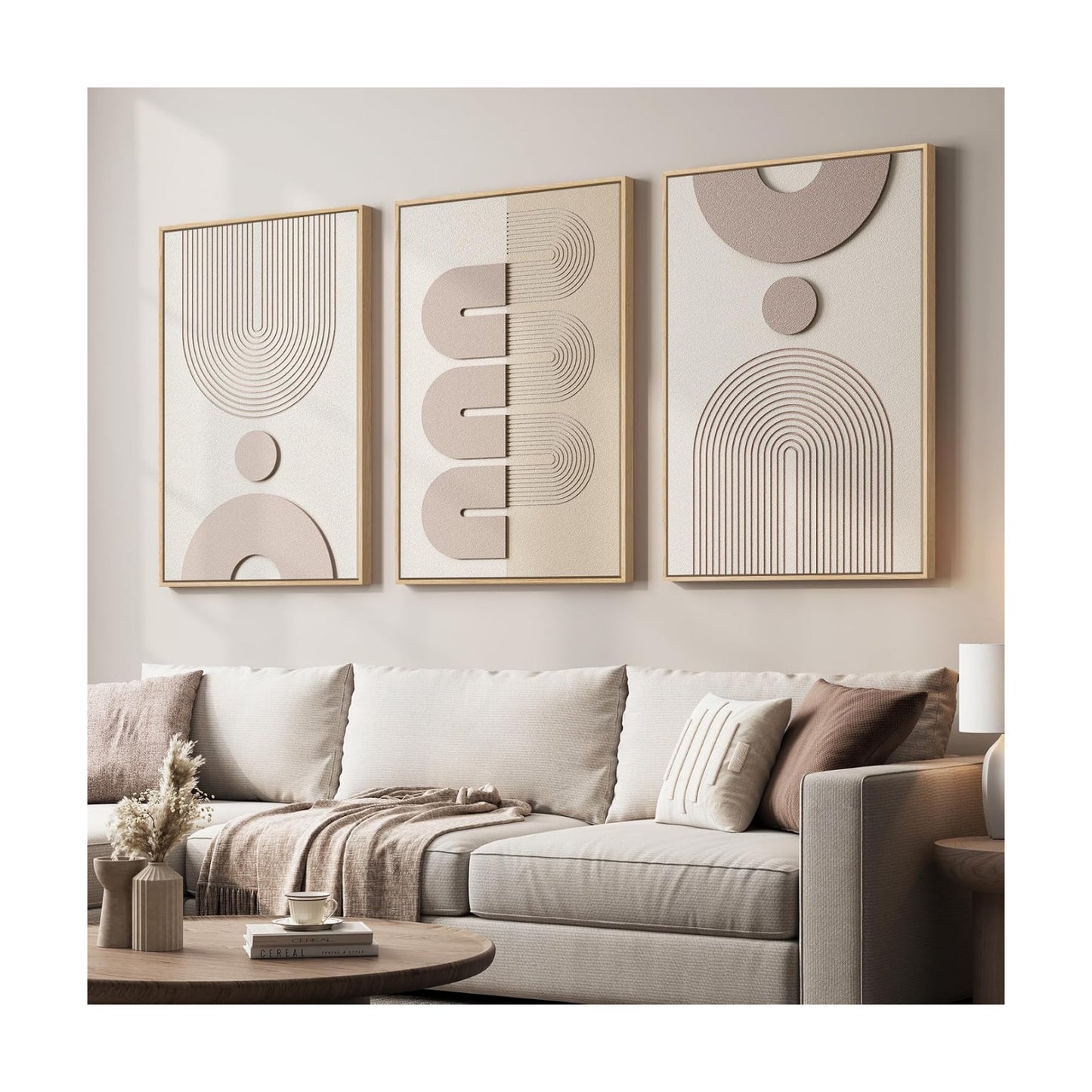 3D Large Framed Boho Neutral Abstract Wall Art for Living Room, 3 Piece